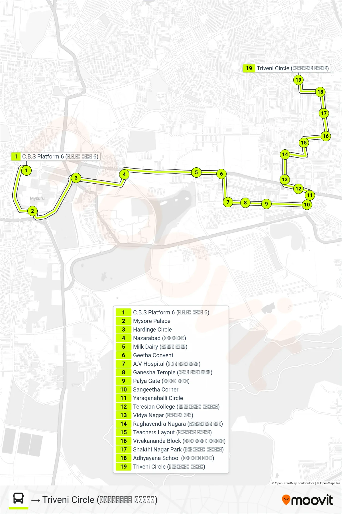 161B bus Line (→ Triveni Circle (ತ್ರಿವೇಣಿ ವೃತ್ತ)) route and stops on a map