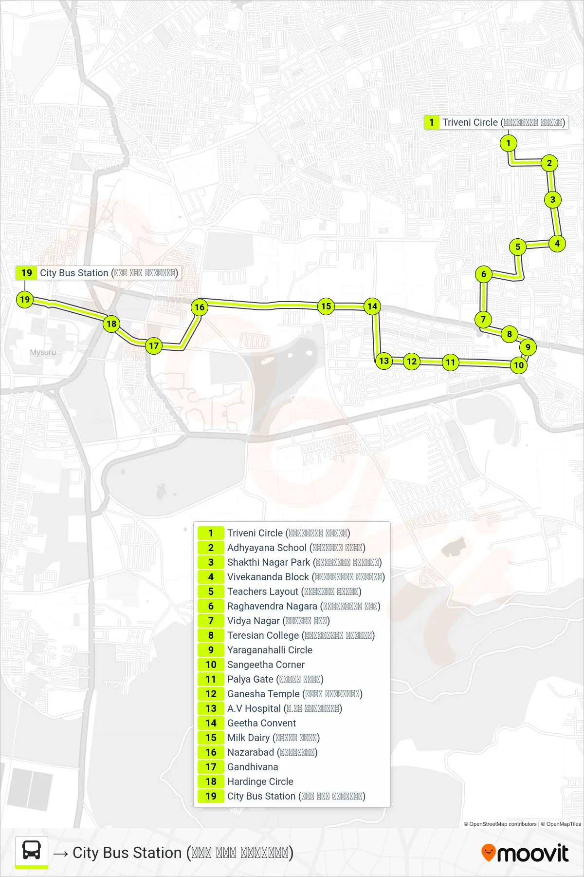 161B bus Line (→ City Bus Station (ನಗರ ಬಸ್ ನಿಲ್ದಾಣ)) route and stops on a map