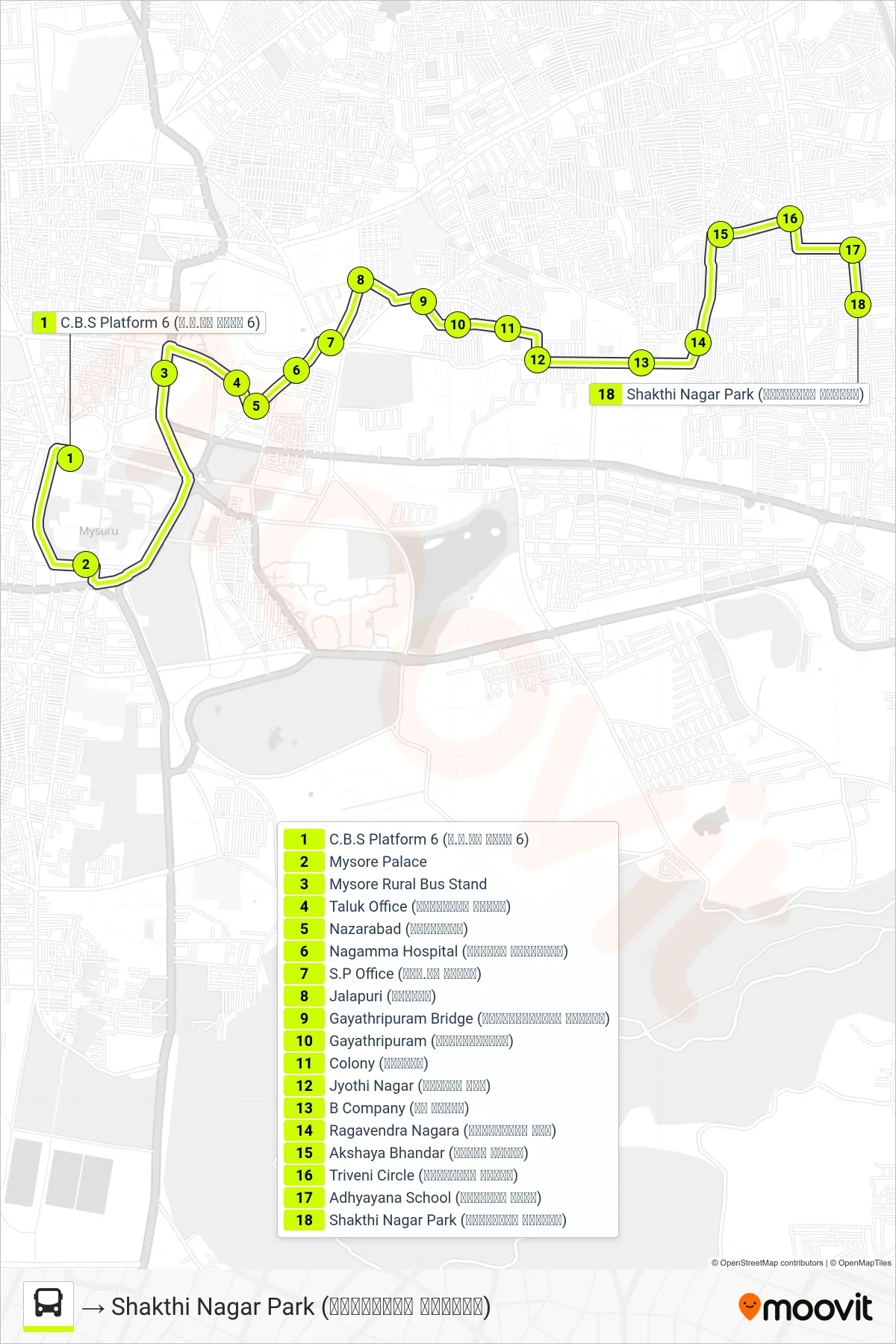 161D bus Line (→ Shakthi Nagar Park (ಶಕ್ತಿನಗರ ಪಾರ್ಕ್‌)) route and stops on a map