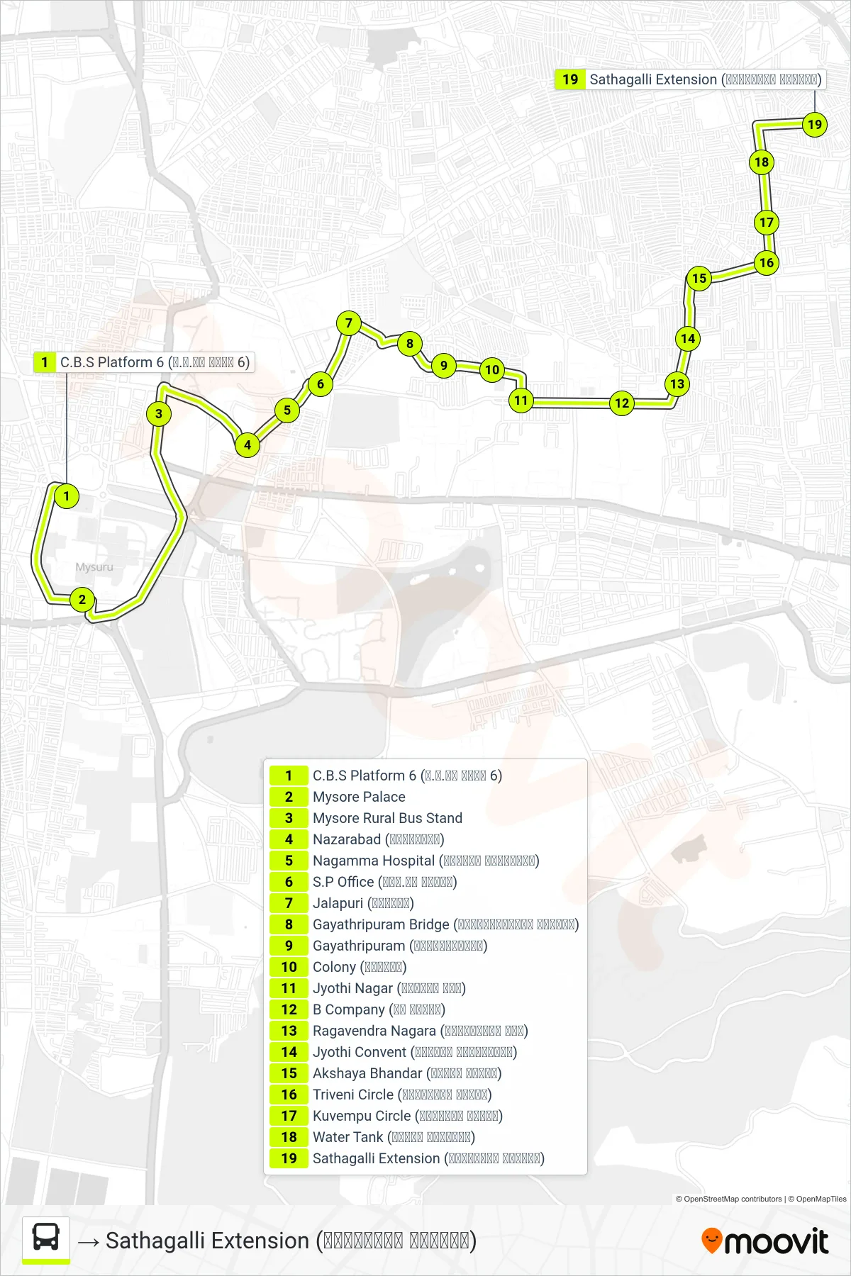 161E bus Line (→ Sathagalli Extension (ಸಾತಗಳ್ಳಿ ಬಡಾವಣೆ)) route and stops on a map
