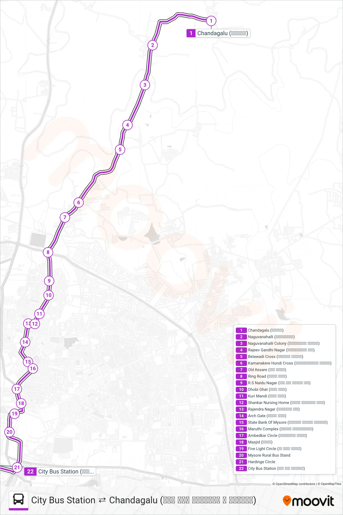 178A bus Line (→ City Bus Station (ನಗರ ಬಸ್ ನಿಲ್ದಾಣ)) route and stops on a map