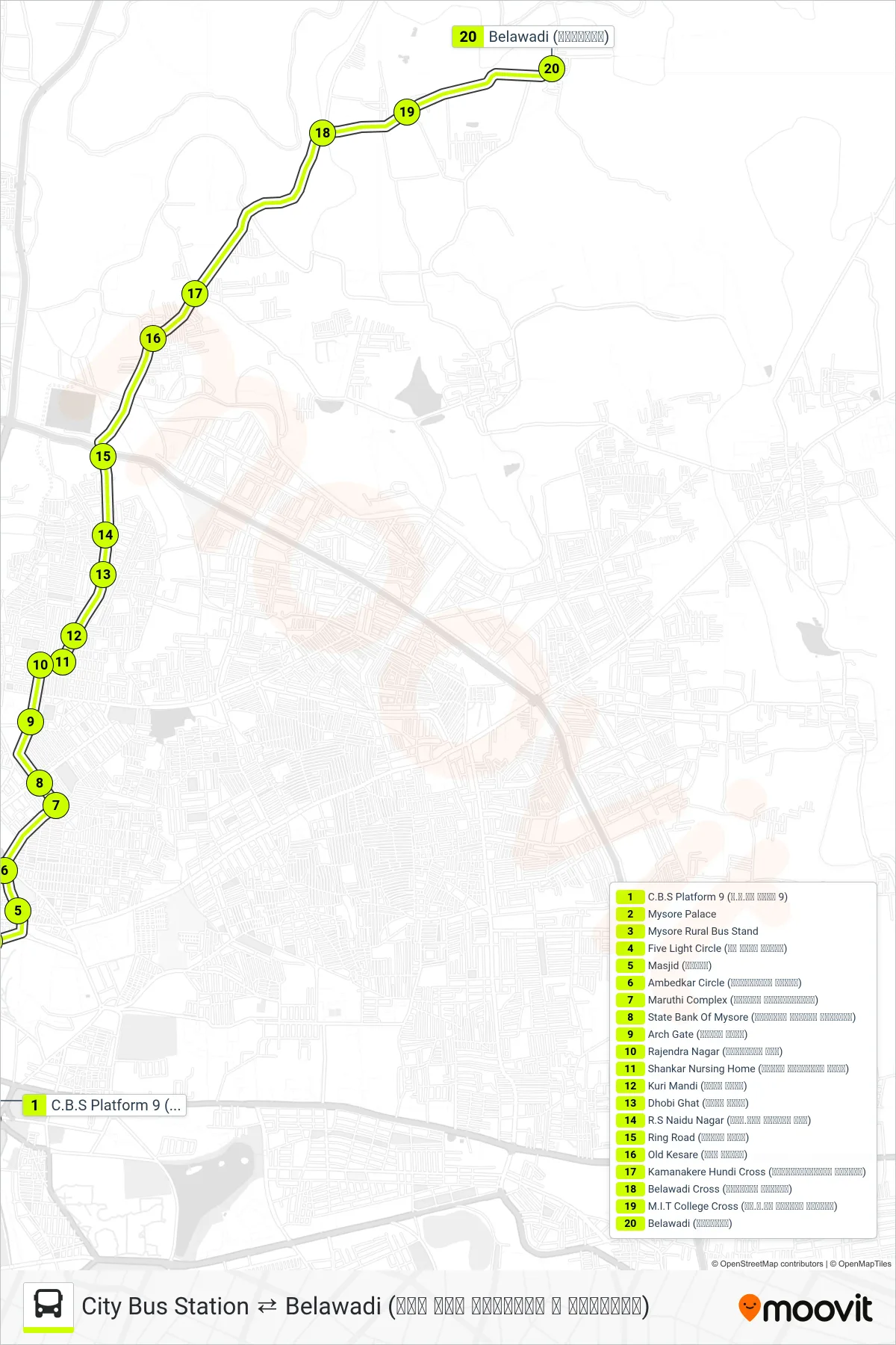 178B bus Line (→ Belawadi (ಬೆಳವಾಡಿ)) route and stops on a map