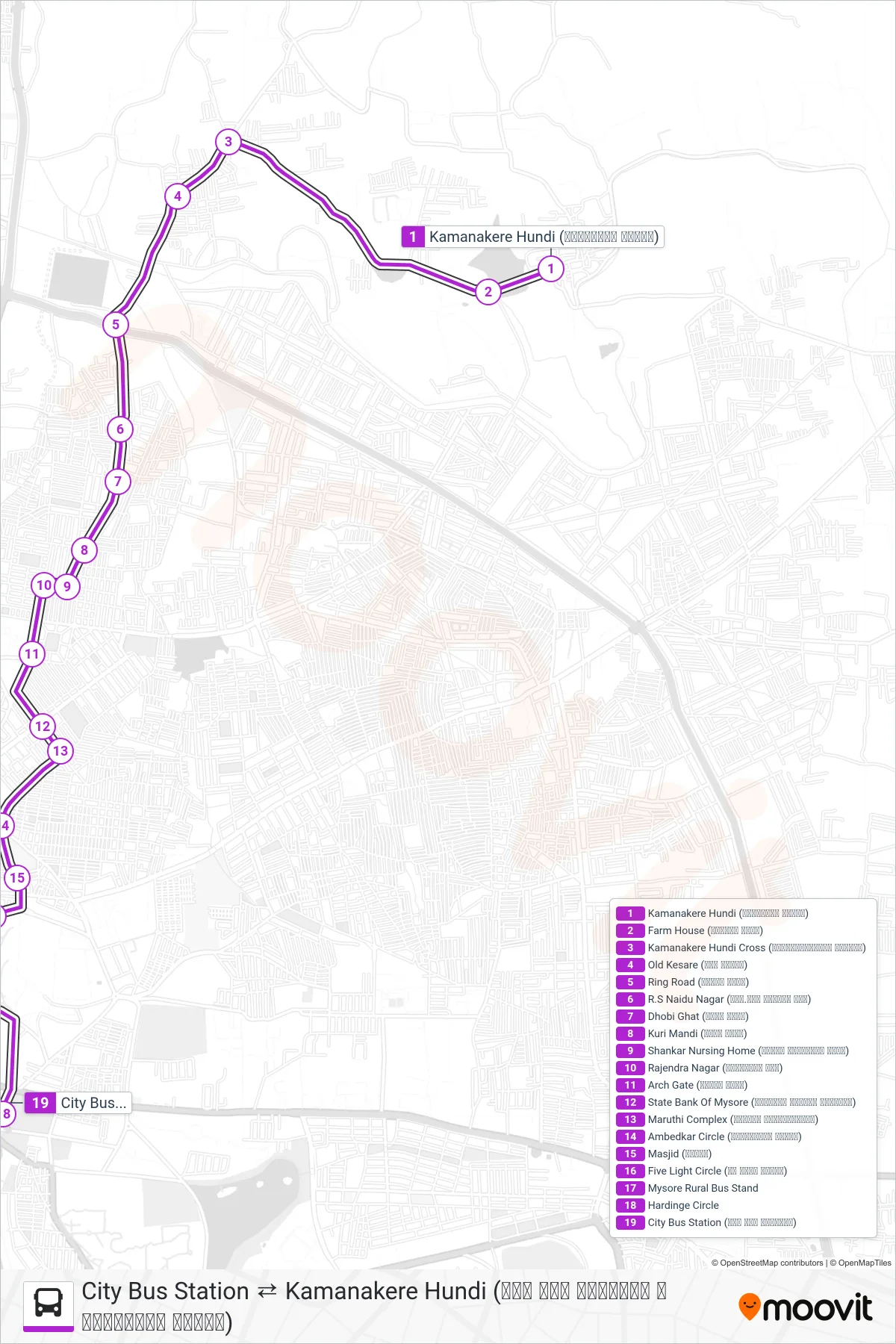 178C bus Line (→ City Bus Station (ನಗರ ಬಸ್ ನಿಲ್ದಾಣ)) route and stops on a map