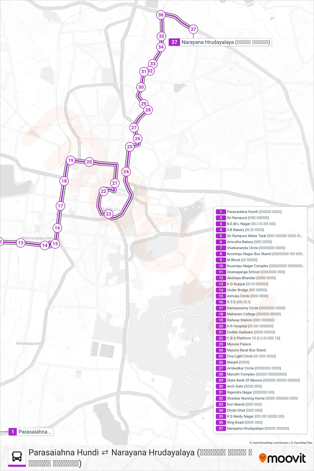 178D bus Line (→ Narayana Hrudayalaya (ನಾರಾಯಣ ಹೃದಯಾಲಯ)) route and stops on a map