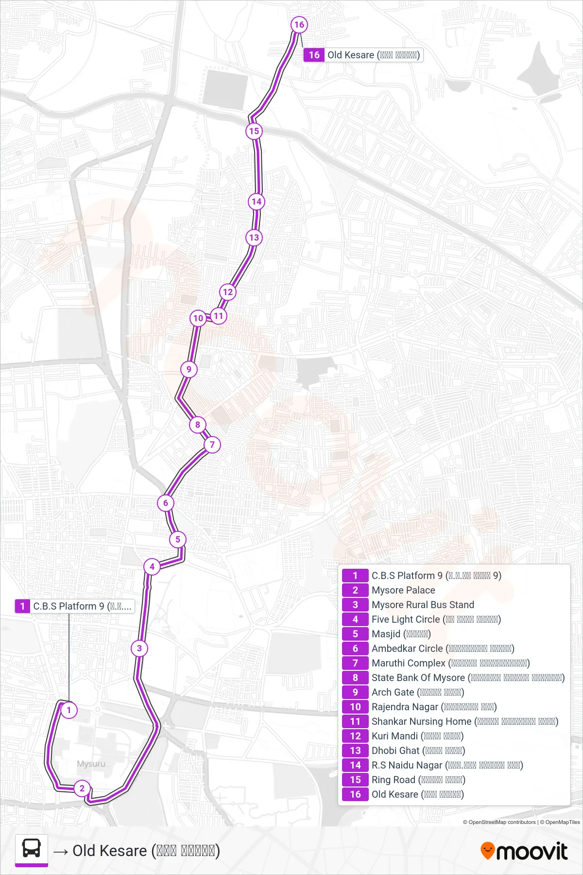 178K bus Line (→ Old Kesare (ಹಳೆ ಕೆಸರೆ)) route and stops on a map