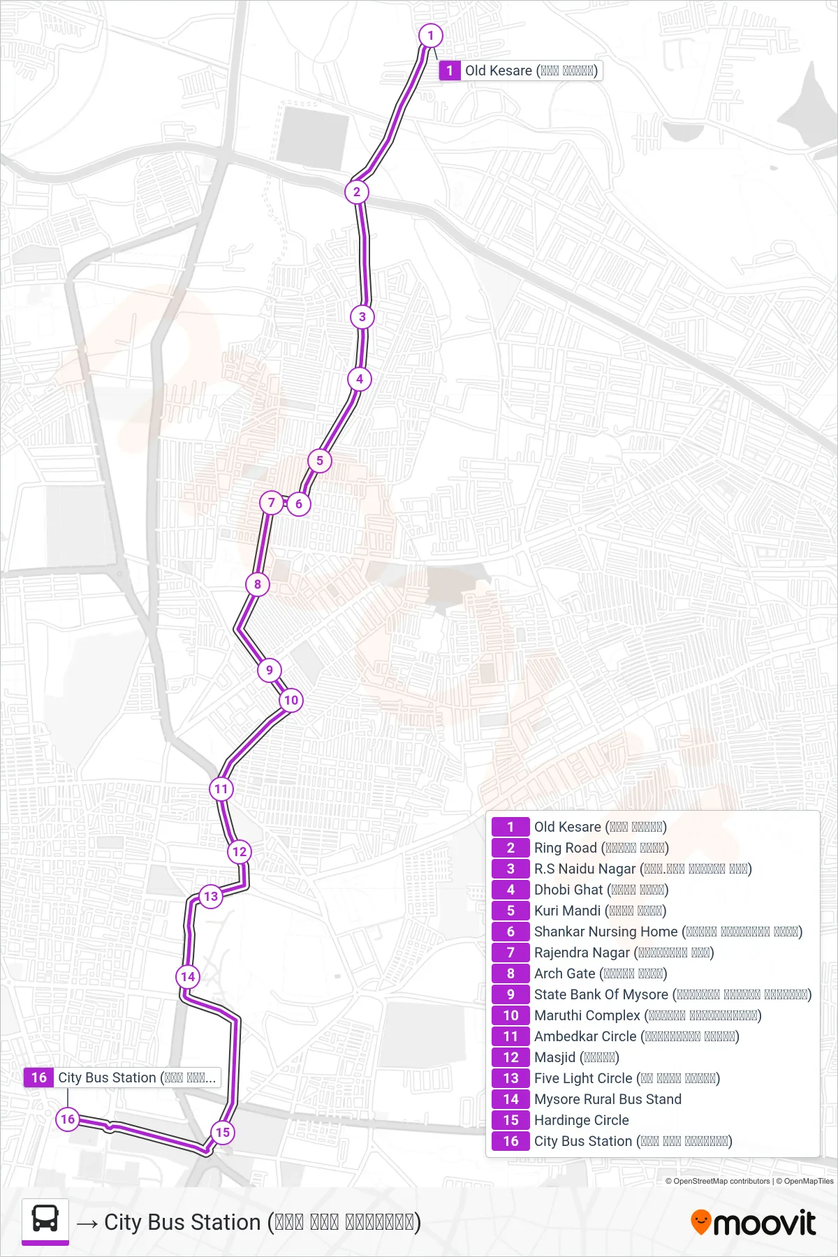 178K bus Line (→ City Bus Station (ನಗರ ಬಸ್ ನಿಲ್ದಾಣ)) route and stops on a map