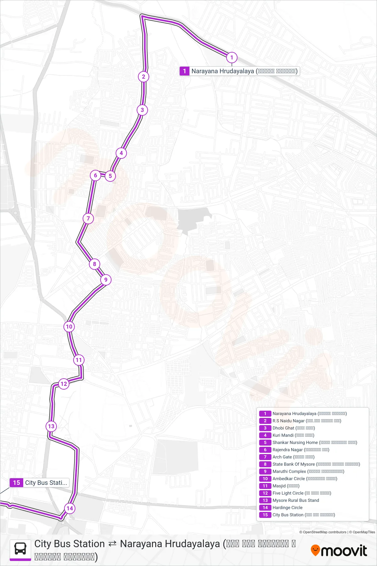 178N bus Line (→ City Bus Station (ನಗರ ಬಸ್ ನಿಲ್ದಾಣ)) route and stops on a map