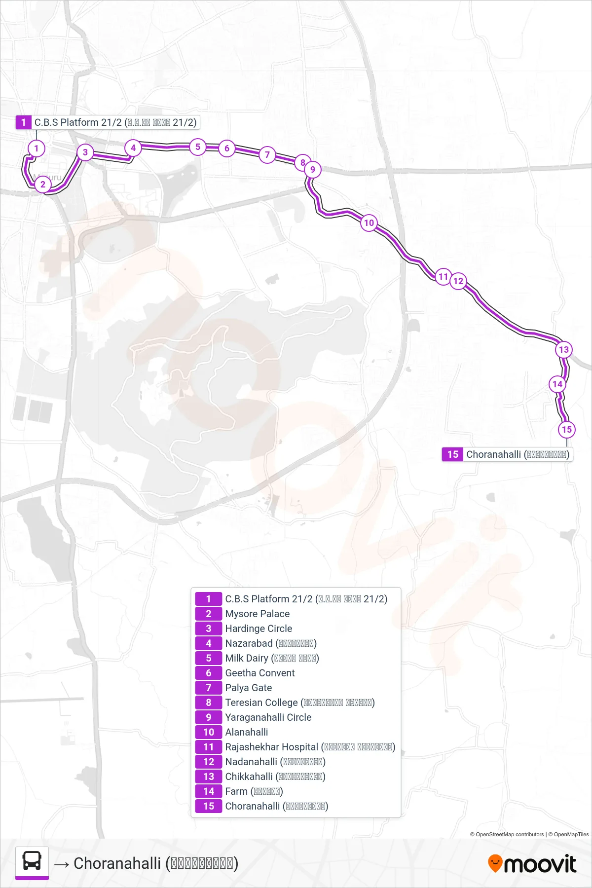 182A bus Line (→ Choranahalli (ಚೋರನಹಳ್ಳಿ)) route and stops on a map
