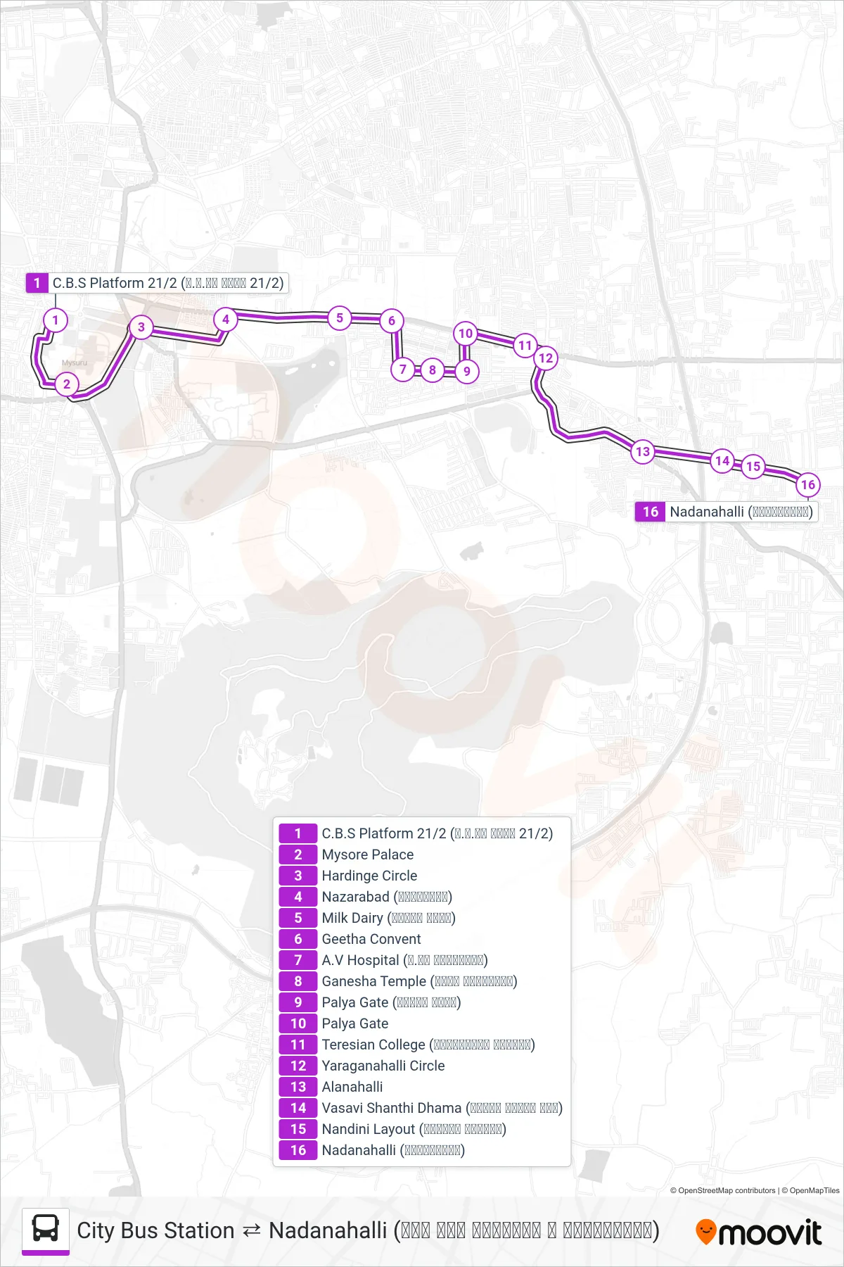 182B bus Line (→ Nadanahalli (ನಾದನಹಳ್ಳಿ)) route and stops on a map