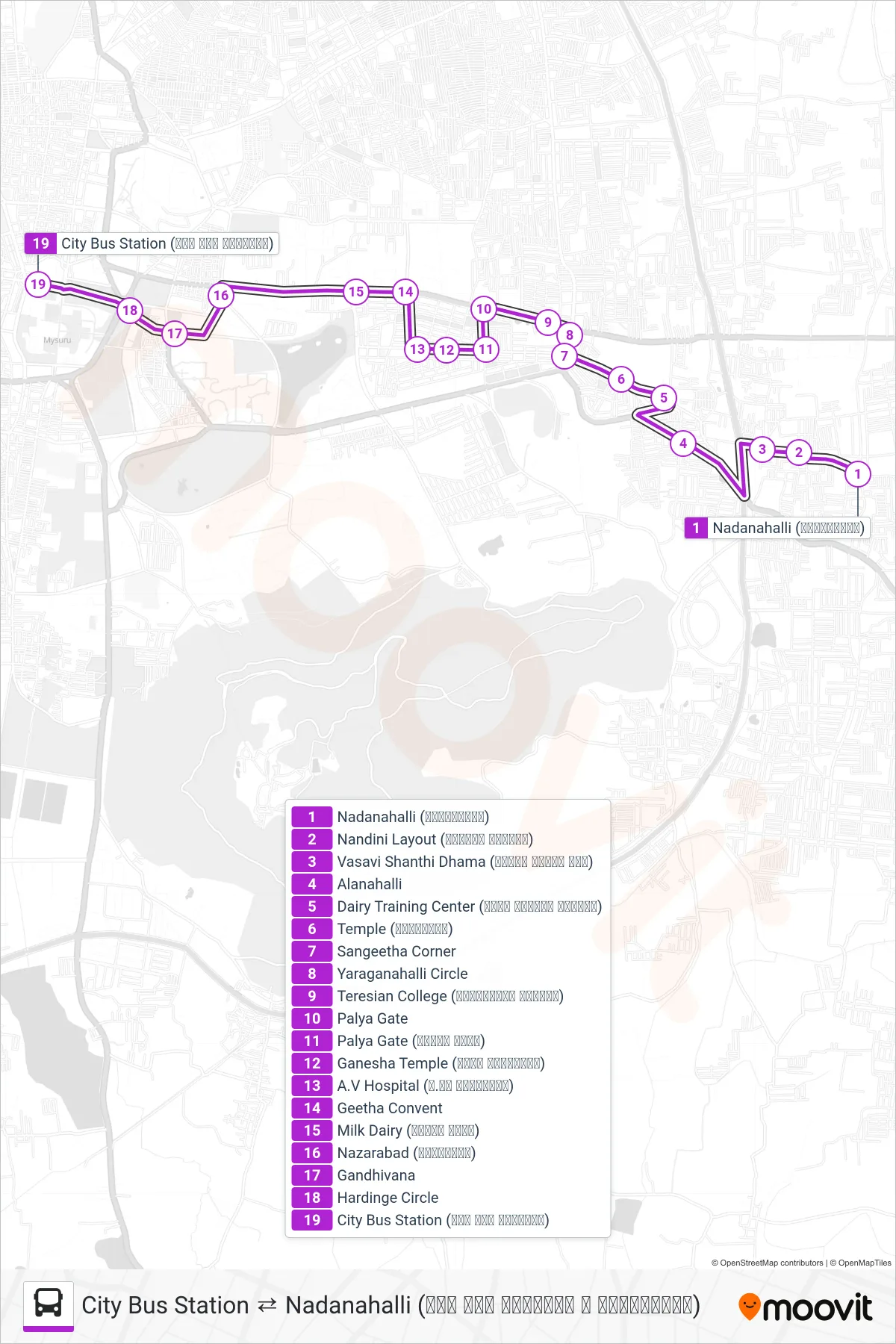 182B bus Line (→ City Bus Station (ನಗರ ಬಸ್ ನಿಲ್ದಾಣ)) route and stops on a map
