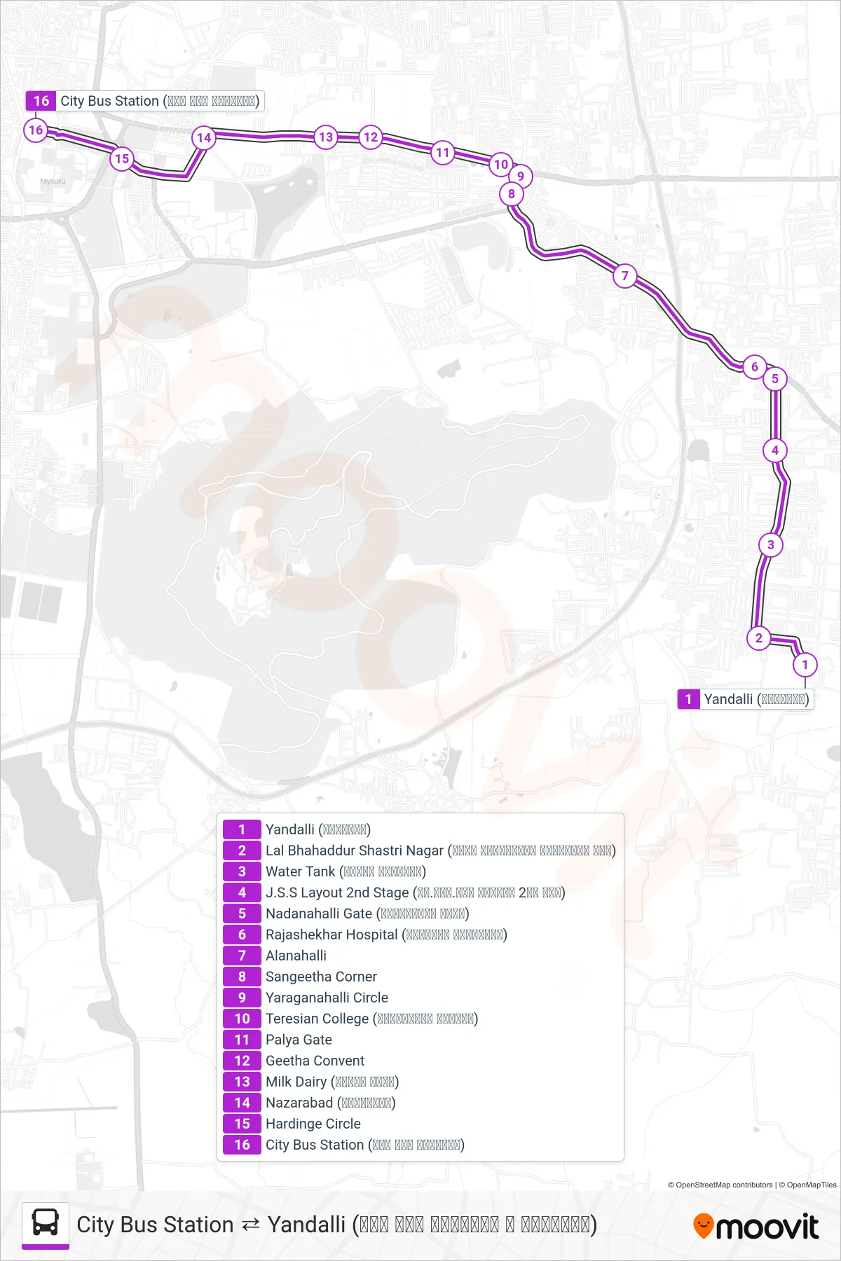 182Y bus Line (→ City Bus Station (ನಗರ ಬಸ್ ನಿಲ್ದಾಣ)) route and stops on a map