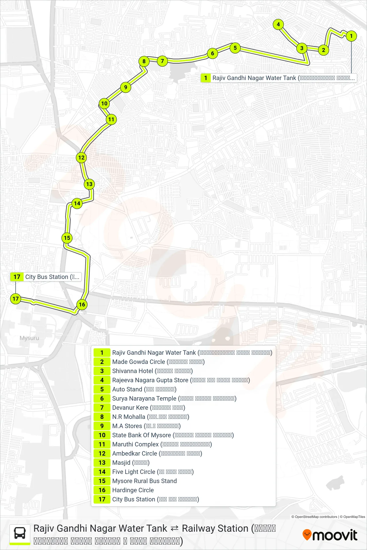 186M bus Line (→ City Bus Station (ನಗರ ಬಸ್ ನಿಲ್ದಾಣ)) route and stops on a map