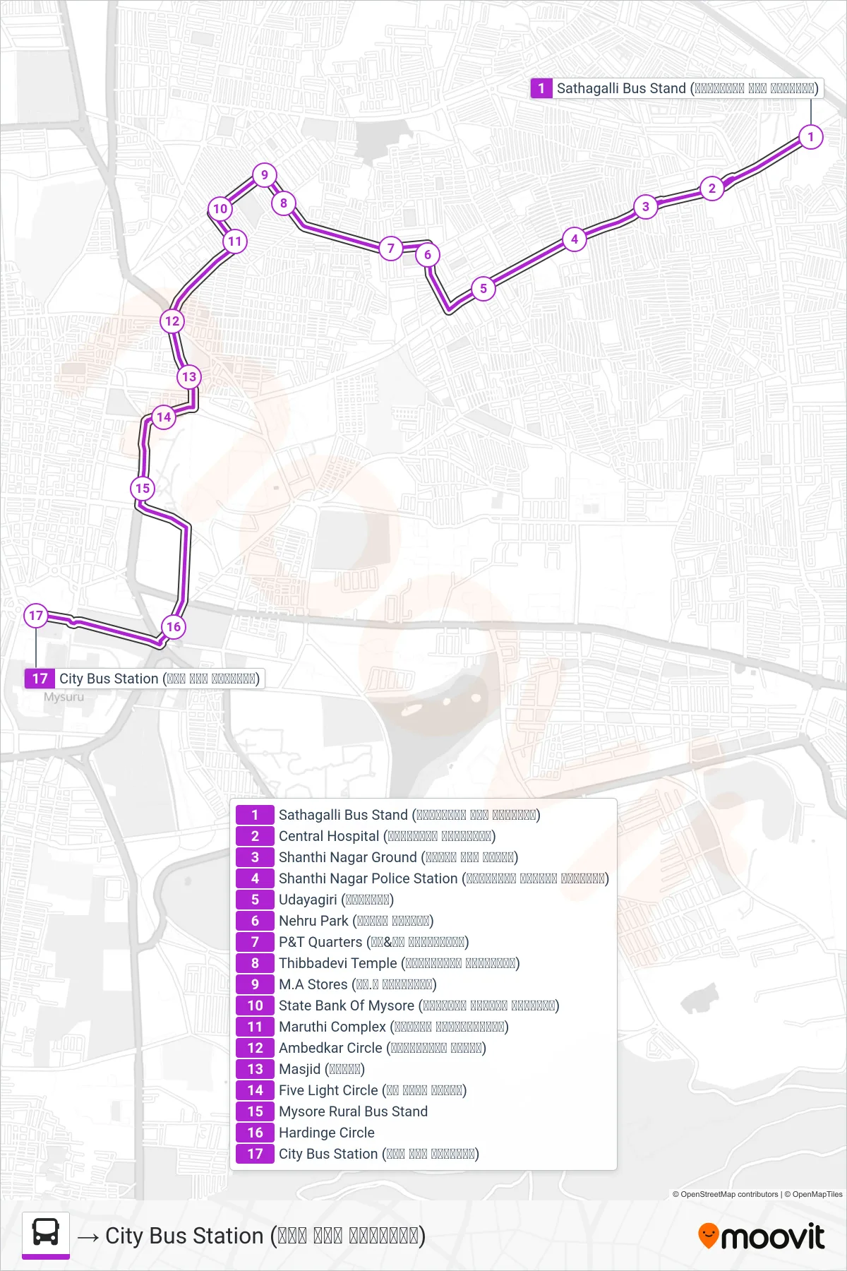 200S bus Line (→ City Bus Station (ನಗರ ಬಸ್ ನಿಲ್ದಾಣ)) route and stops on a map