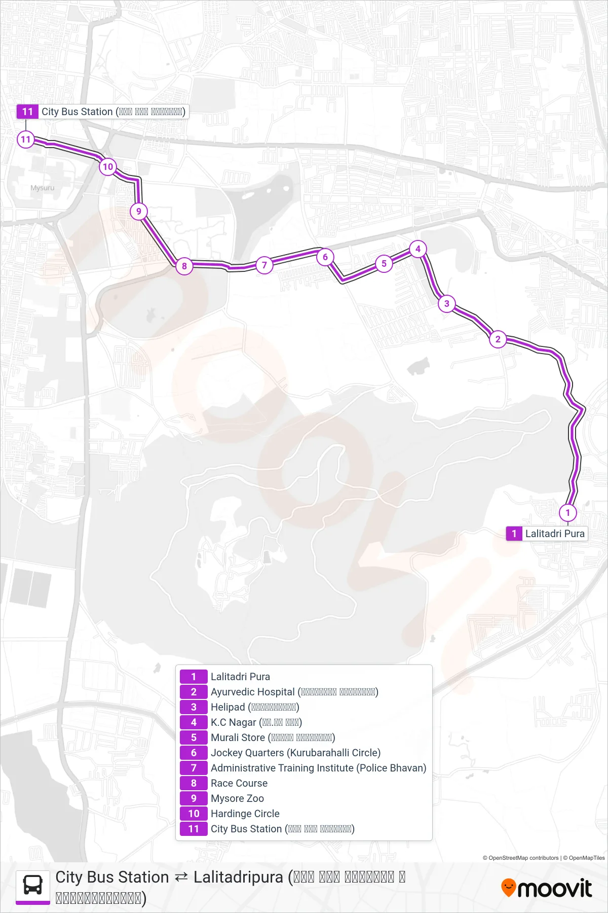 202A bus Line (→ City Bus Station (ನಗರ ಬಸ್ ನಿಲ್ದಾಣ)) route and stops on a map