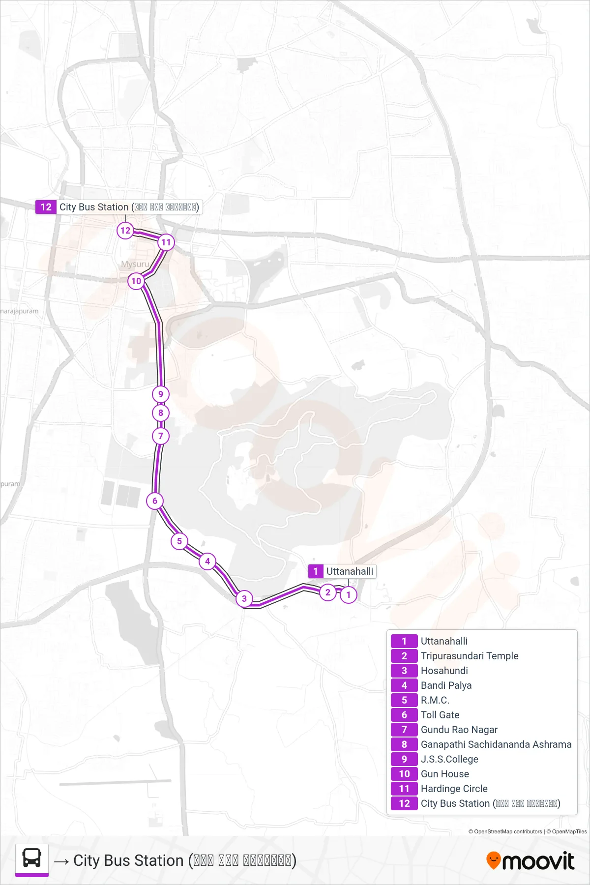 203A bus Line (→ City Bus Station (ನಗರ ಬಸ್ ನಿಲ್ದಾಣ)) route and stops on a map