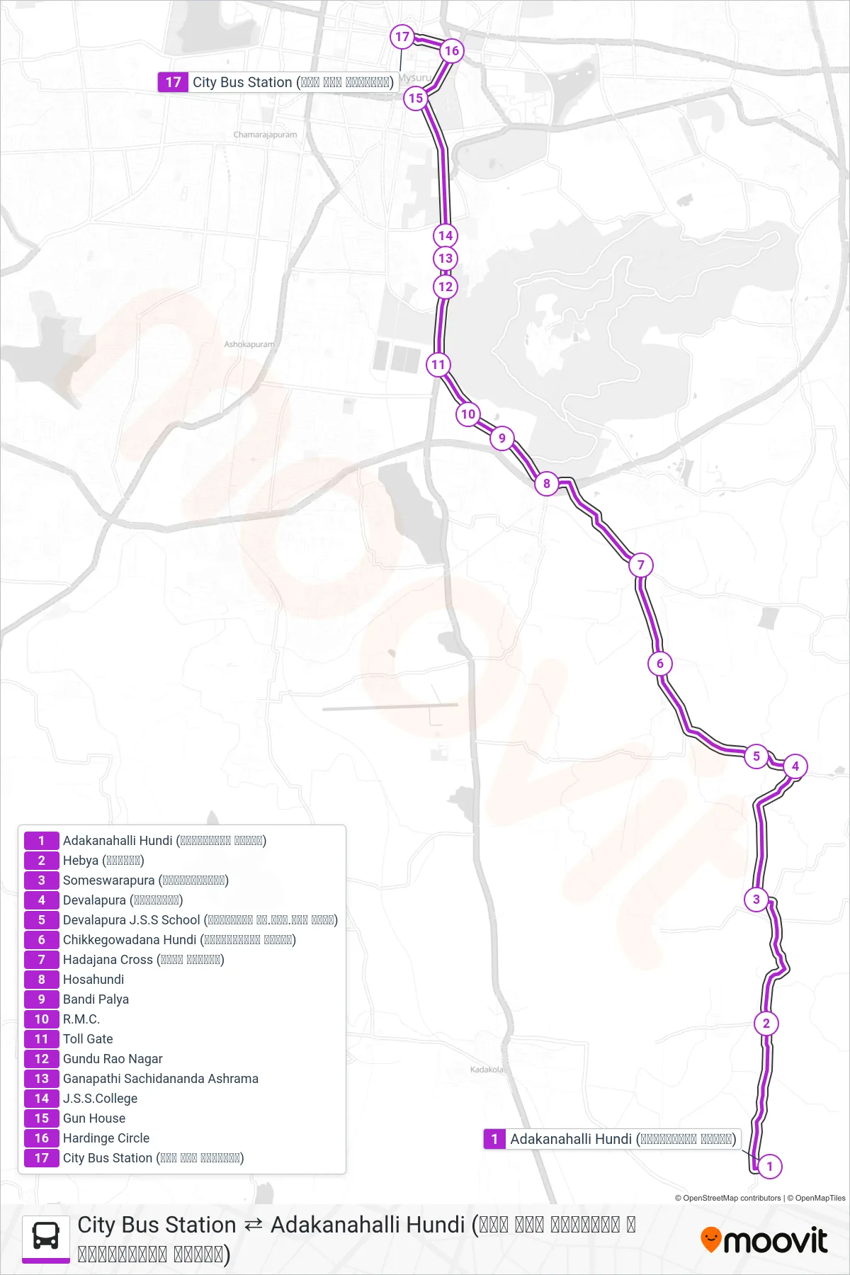 204A bus Line (→ City Bus Station (ನಗರ ಬಸ್ ನಿಲ್ದಾಣ)) route and stops on a map