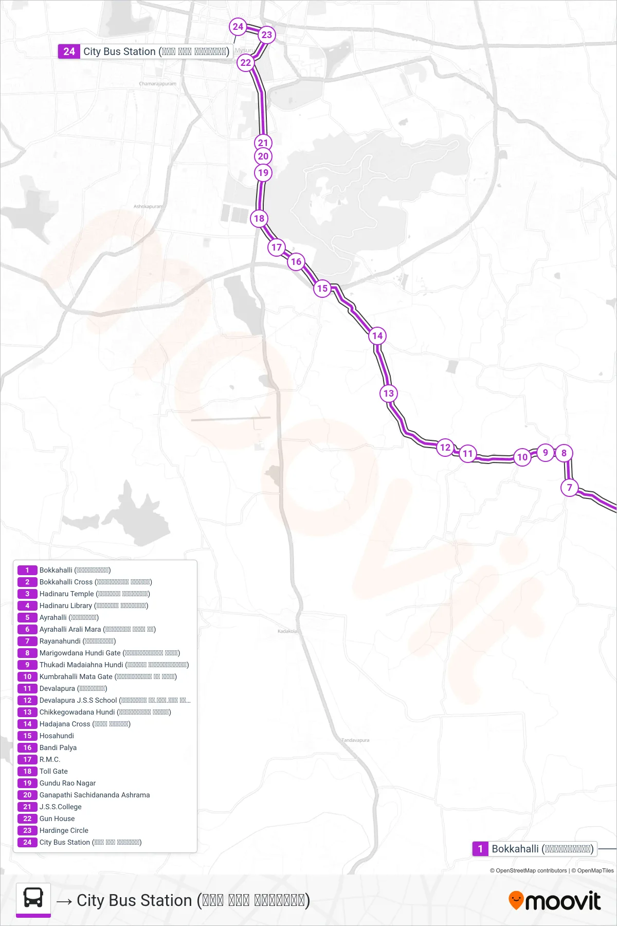 207B bus Line (→ City Bus Station (ನಗರ ಬಸ್ ನಿಲ್ದಾಣ)) route and stops on a map