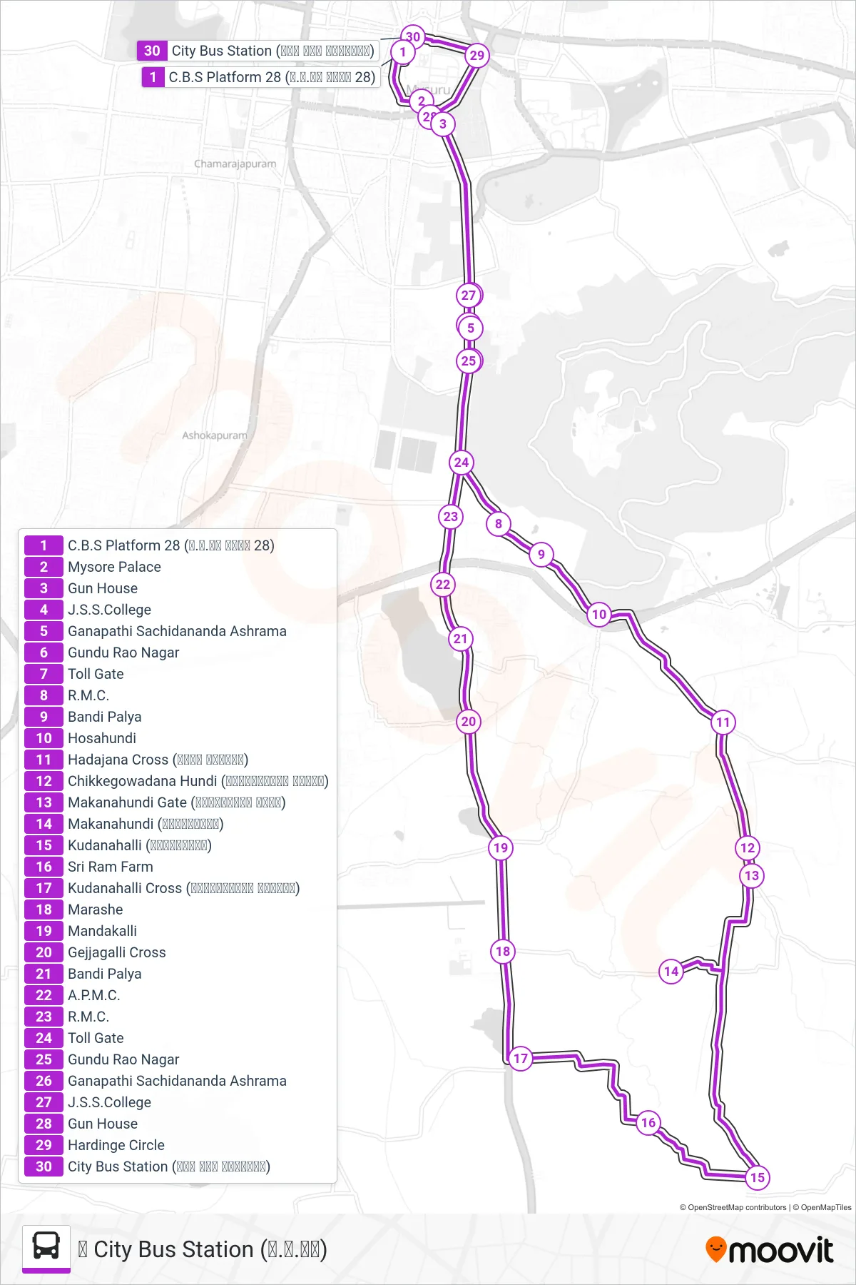 211R bus Line (↺ City Bus Station (ನ.ಬ.ನಿ)) route and stops on a map