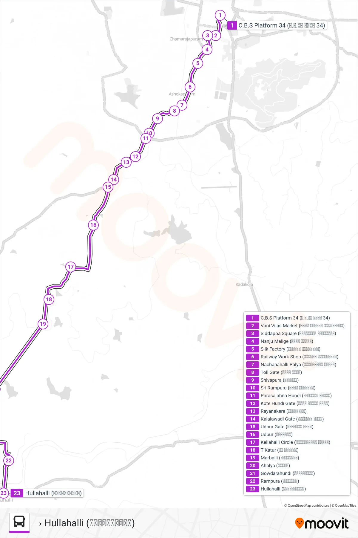 220A bus Line (→ Hullahalli (ಹುಳ್ಳಹಳ್ಳಿ)) route and stops on a map