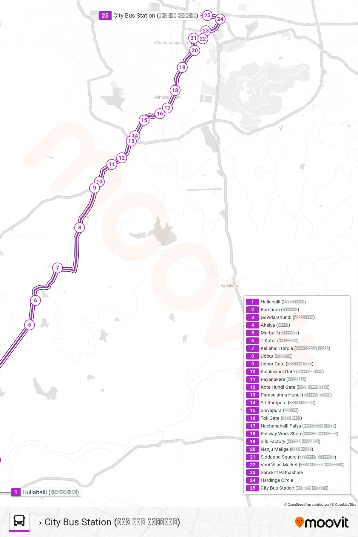 220A bus Line (→ City Bus Station (ನಗರ ಬಸ್ ನಿಲ್ದಾಣ)) route and stops on a map