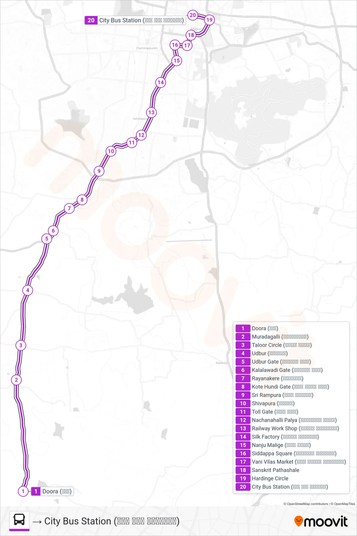 227B bus Line (→ City Bus Station (ನಗರ ಬಸ್ ನಿಲ್ದಾಣ)) route and stops on a map