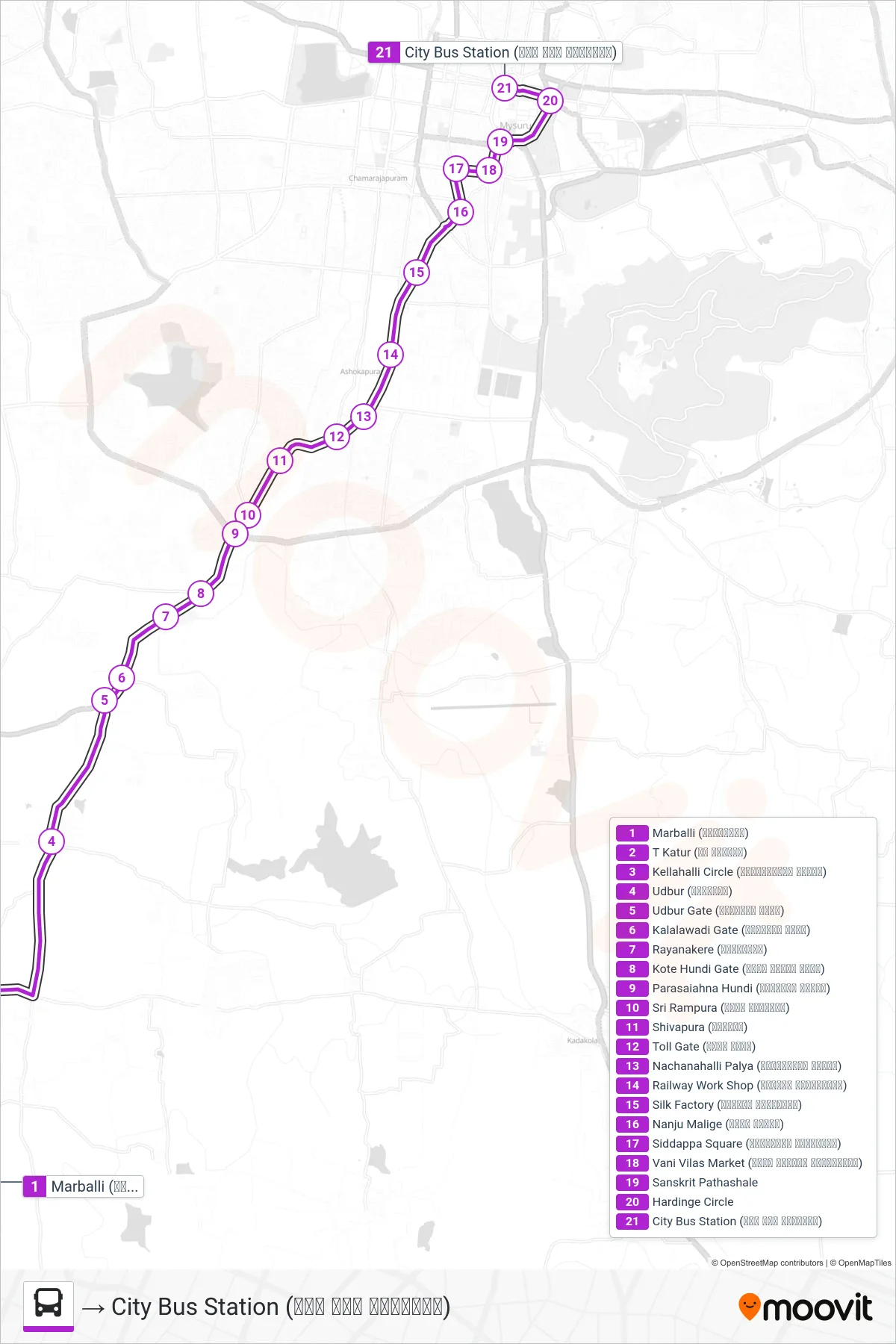 227C bus Line (→ City Bus Station (ನಗರ ಬಸ್ ನಿಲ್ದಾಣ)) route and stops on a map