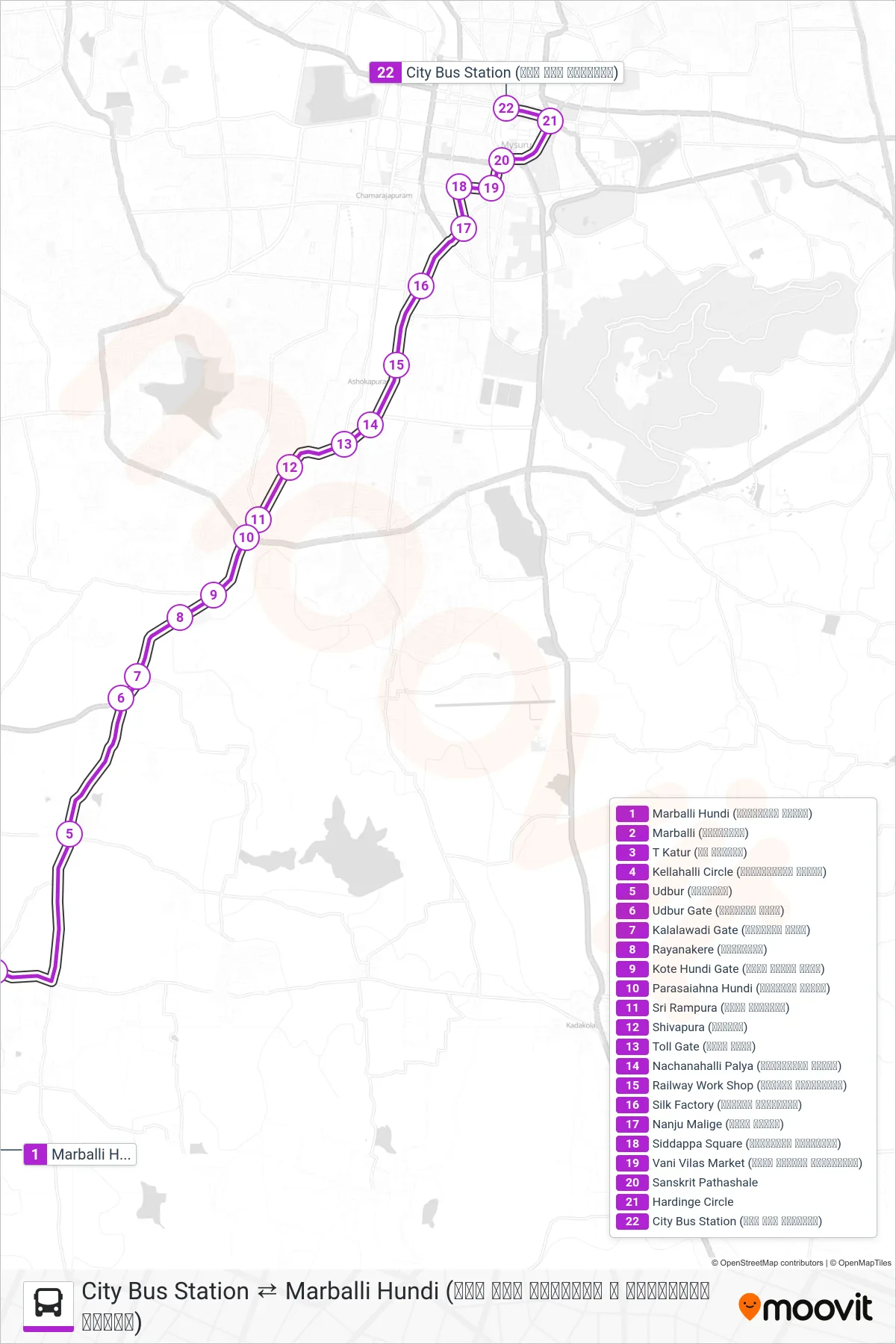 227D bus Line (→ City Bus Station (ನಗರ ಬಸ್ ನಿಲ್ದಾಣ)) route and stops on a map