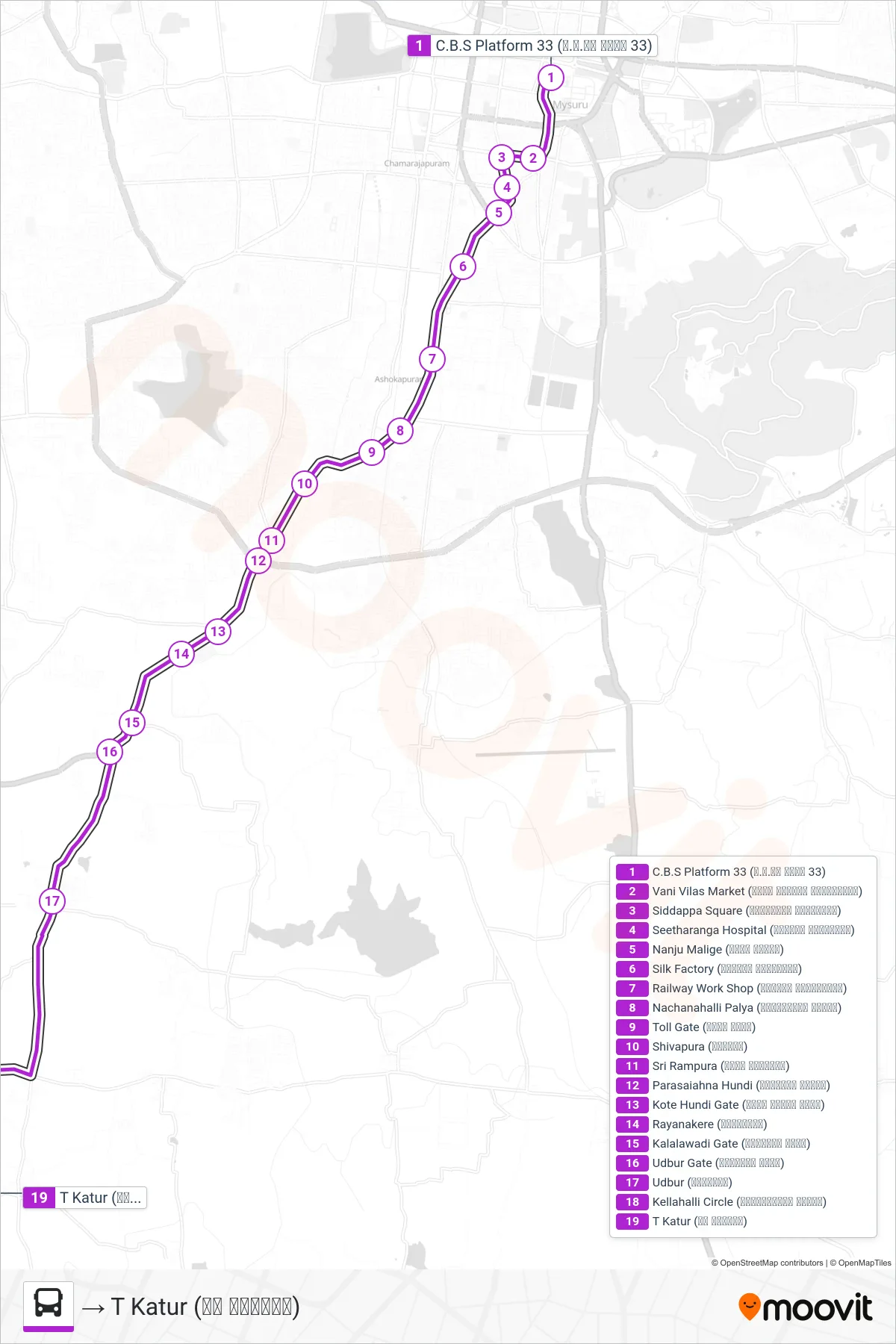 227E bus Line (→ T Katur (ಟಿ ಕಾಟೂರು)) route and stops on a map
