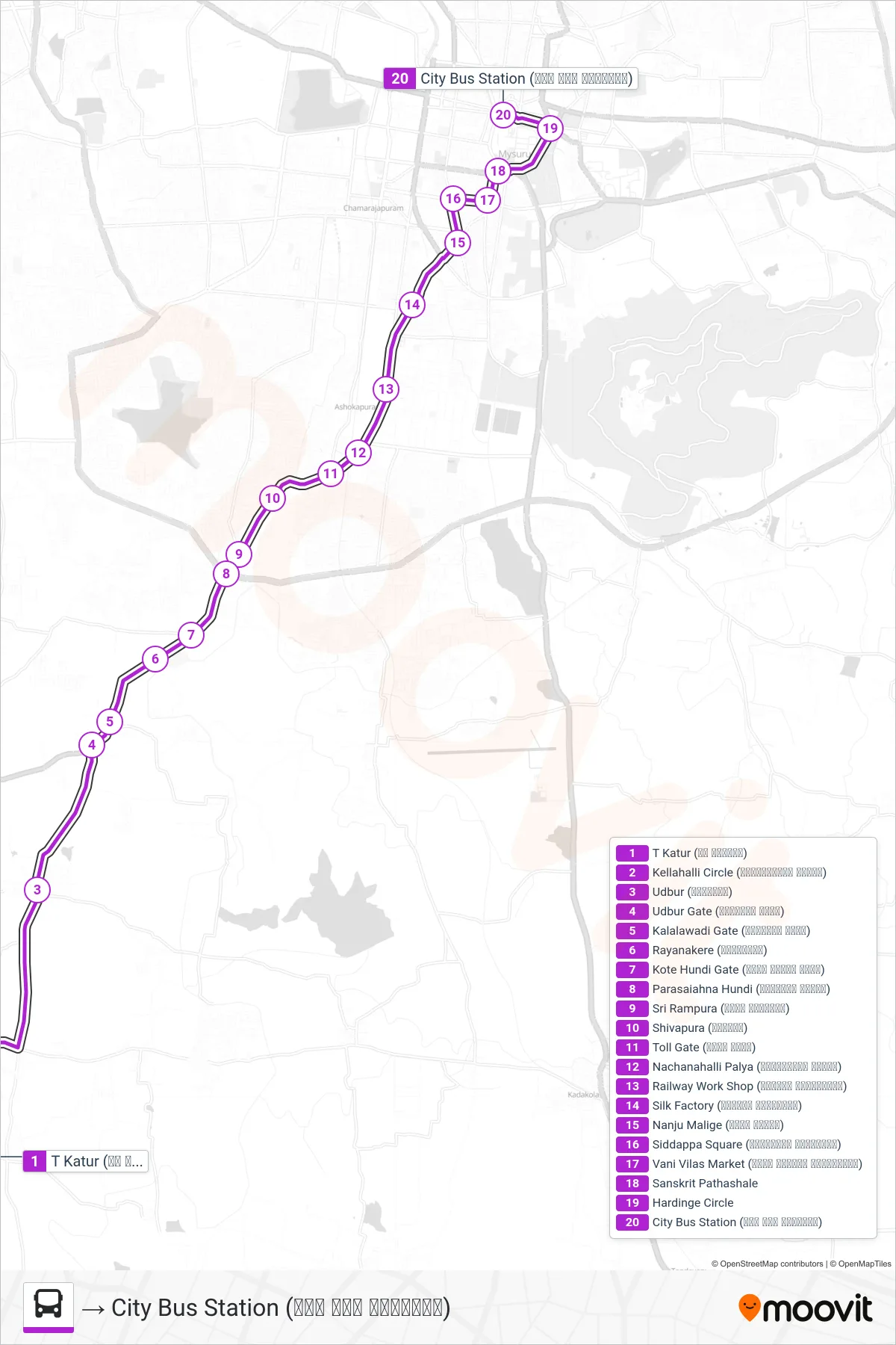 227E bus Line (→ City Bus Station (ನಗರ ಬಸ್ ನಿಲ್ದಾಣ)) route and stops on a map