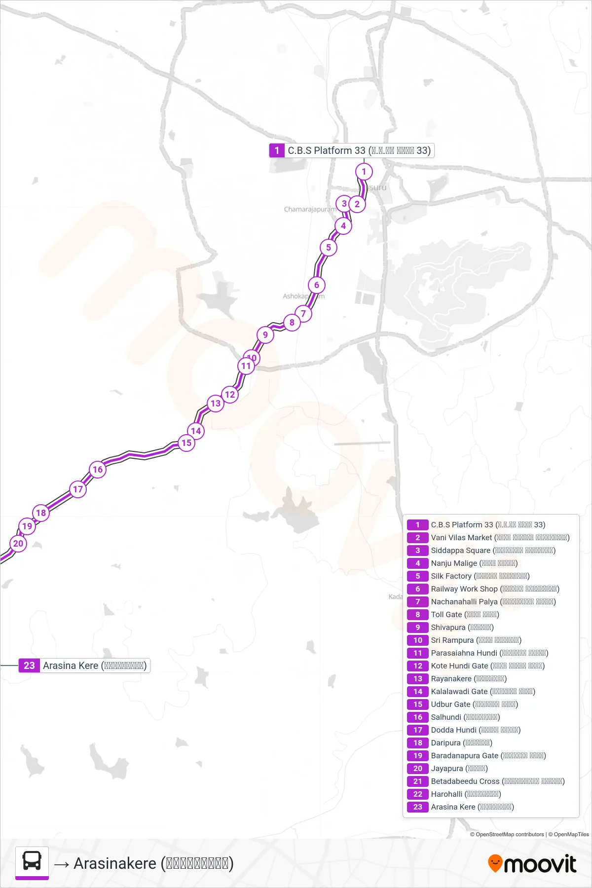 230J bus Line (→ Arasinakere (ಅರಸಿನಕೆರೆ)) route and stops on a map