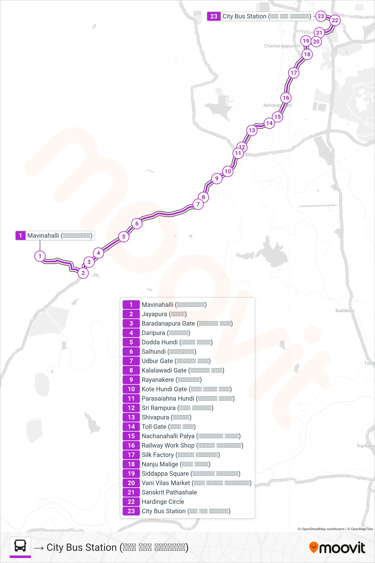 235A bus Line (→ City Bus Station (ನಗರ ಬಸ್ ನಿಲ್ದಾಣ)) route and stops on a map