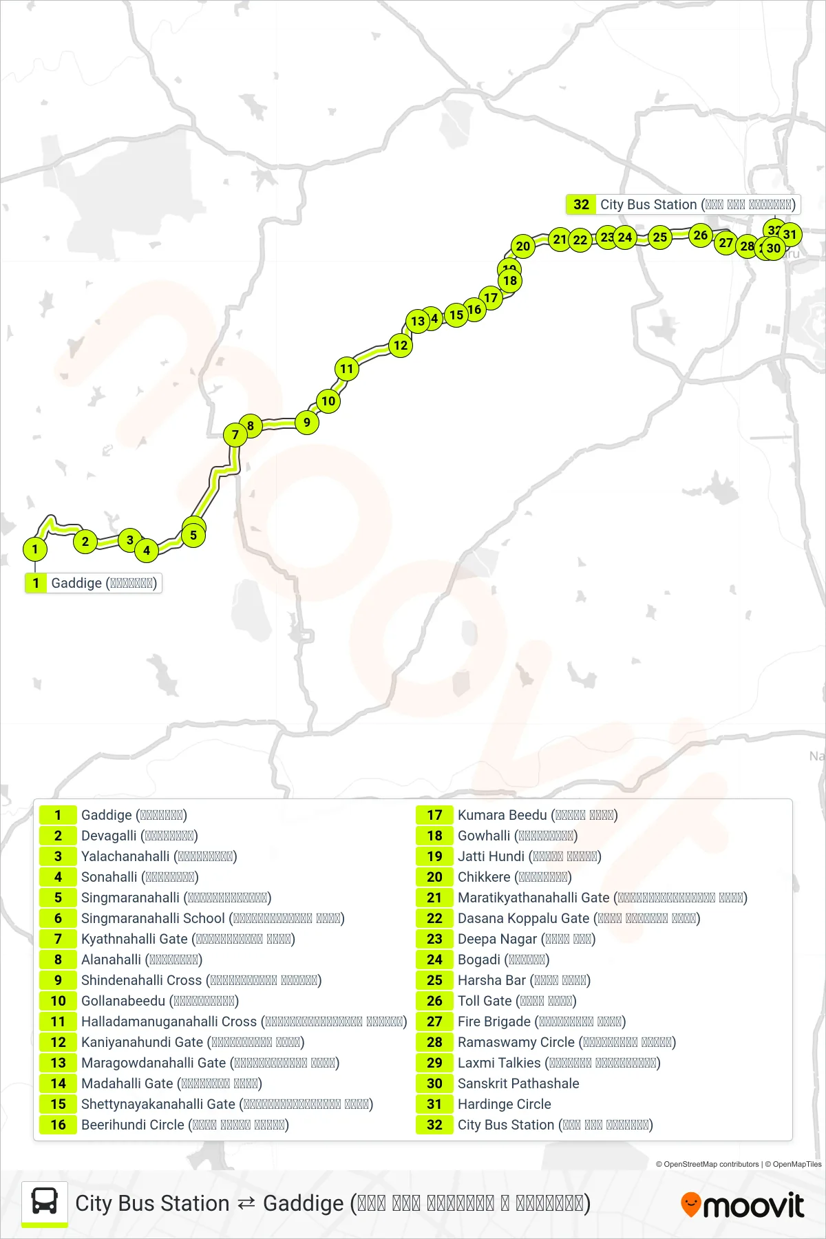 245A bus Line (→ City Bus Station (ನಗರ ಬಸ್ ನಿಲ್ದಾಣ)) route and stops on a map