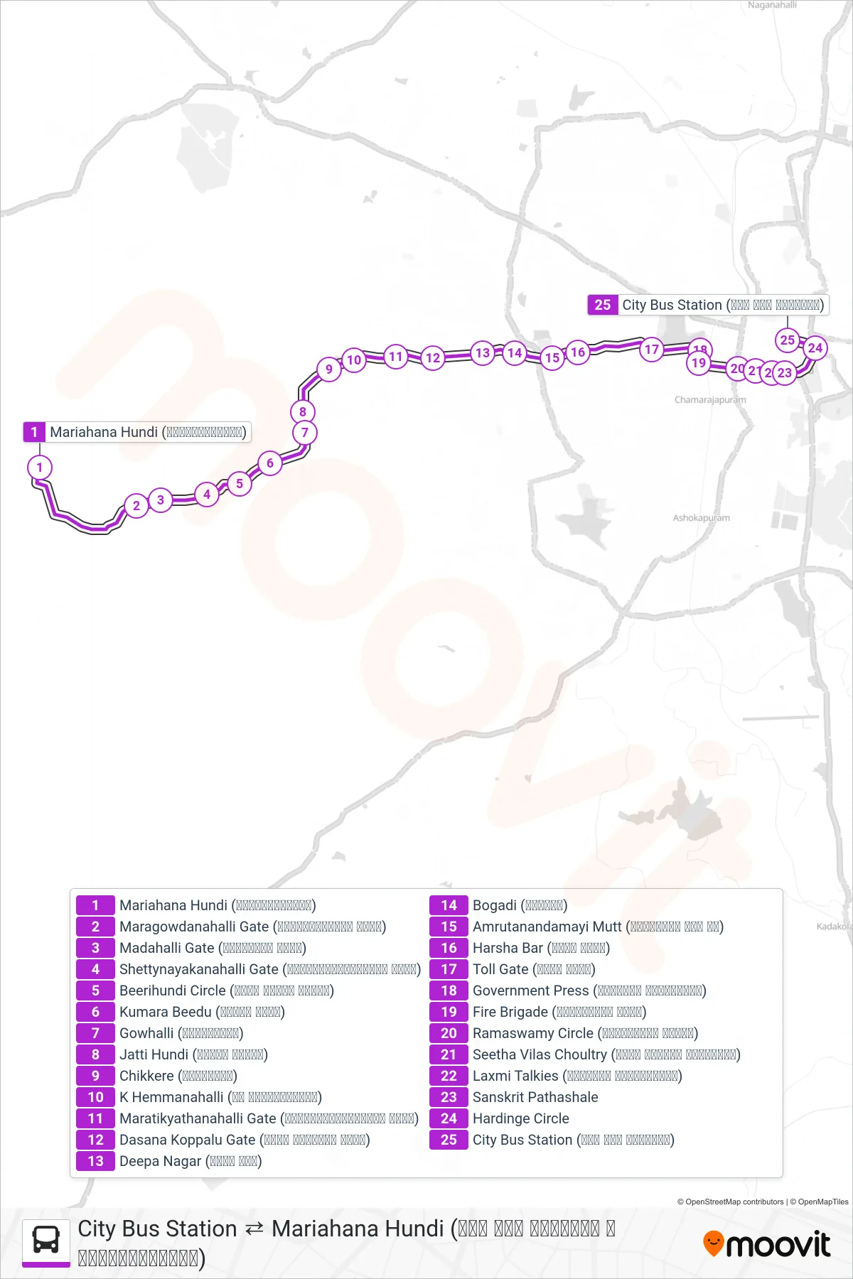 250A bus Line (→ City Bus Station (ನಗರ ಬಸ್ ನಿಲ್ದಾಣ)) route and stops on a map
