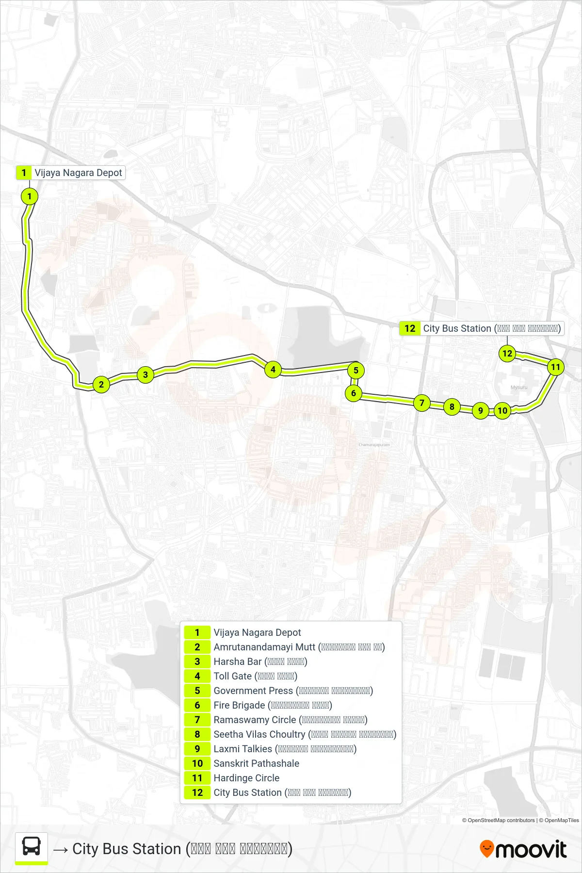 250B bus Line (→ City Bus Station (ನಗರ ಬಸ್ ನಿಲ್ದಾಣ)) route and stops on a map