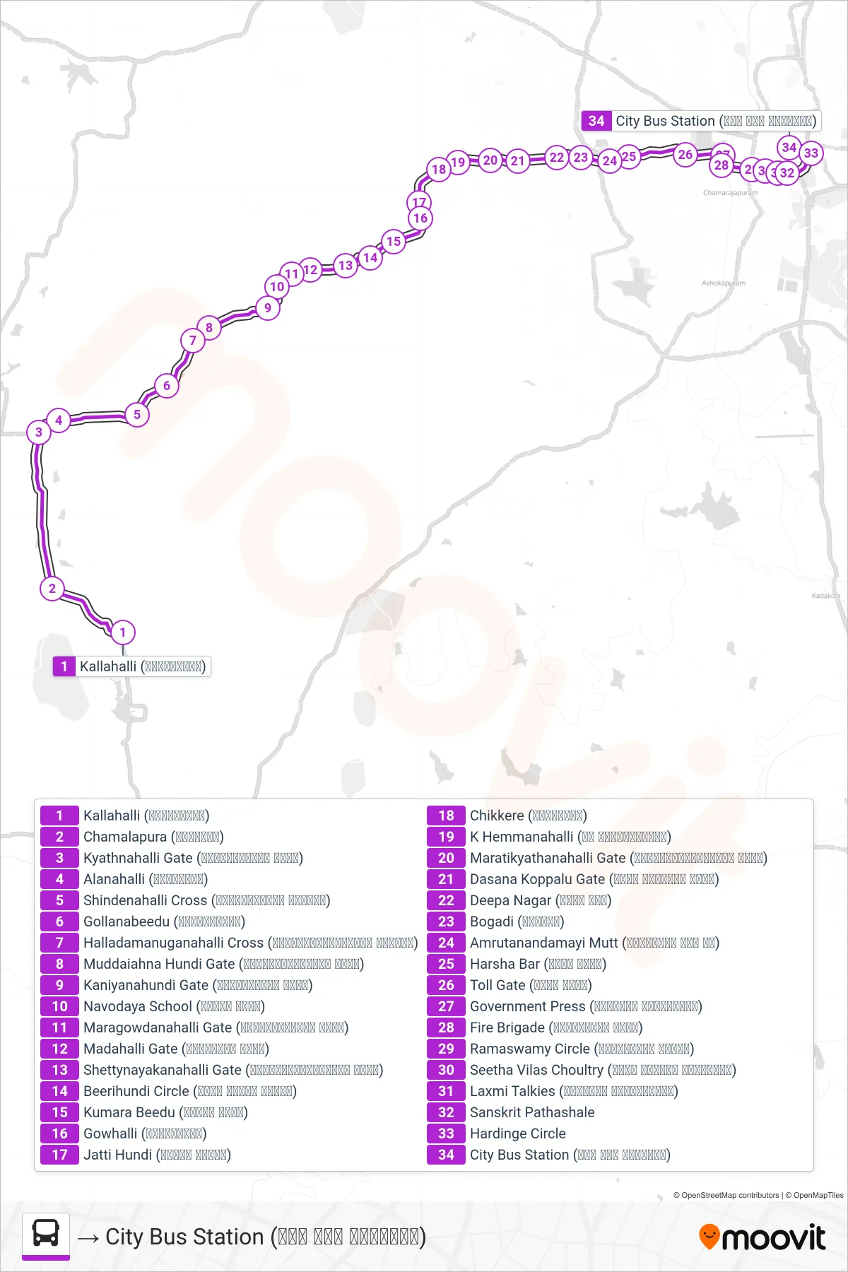 251C bus Line (→ City Bus Station (ನಗರ ಬಸ್ ನಿಲ್ದಾಣ)) route and stops on a map