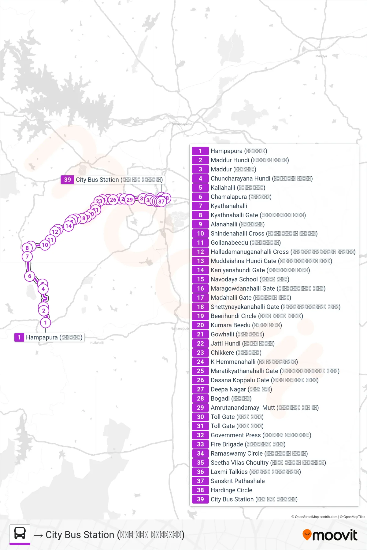 259H bus Line (→ City Bus Station (ನಗರ ಬಸ್ ನಿಲ್ದಾಣ)) route and stops on a map