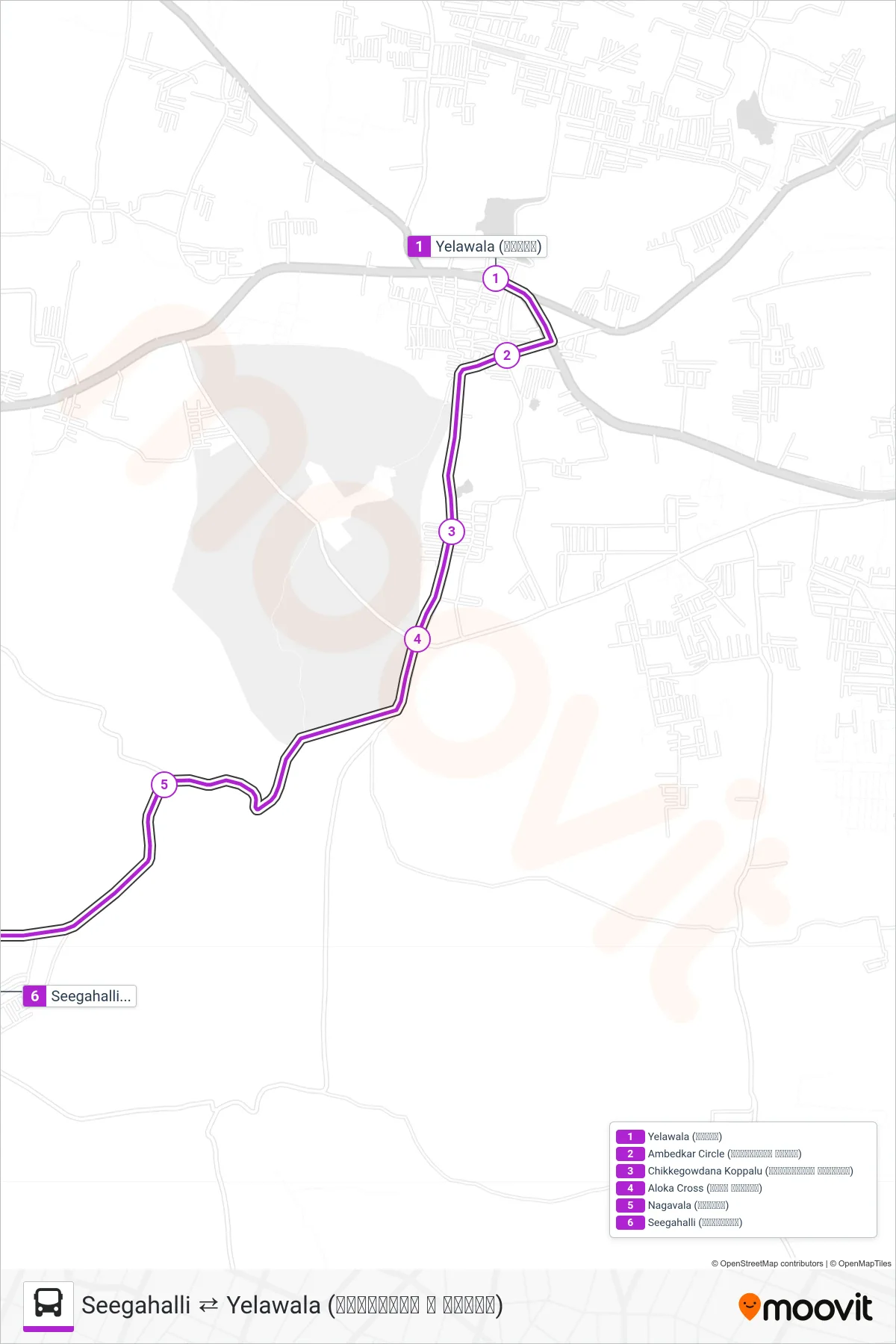 261A bus Line (→ Seegahalli (ಸೀಗಹಳ್ಳಿ)) route and stops on a map