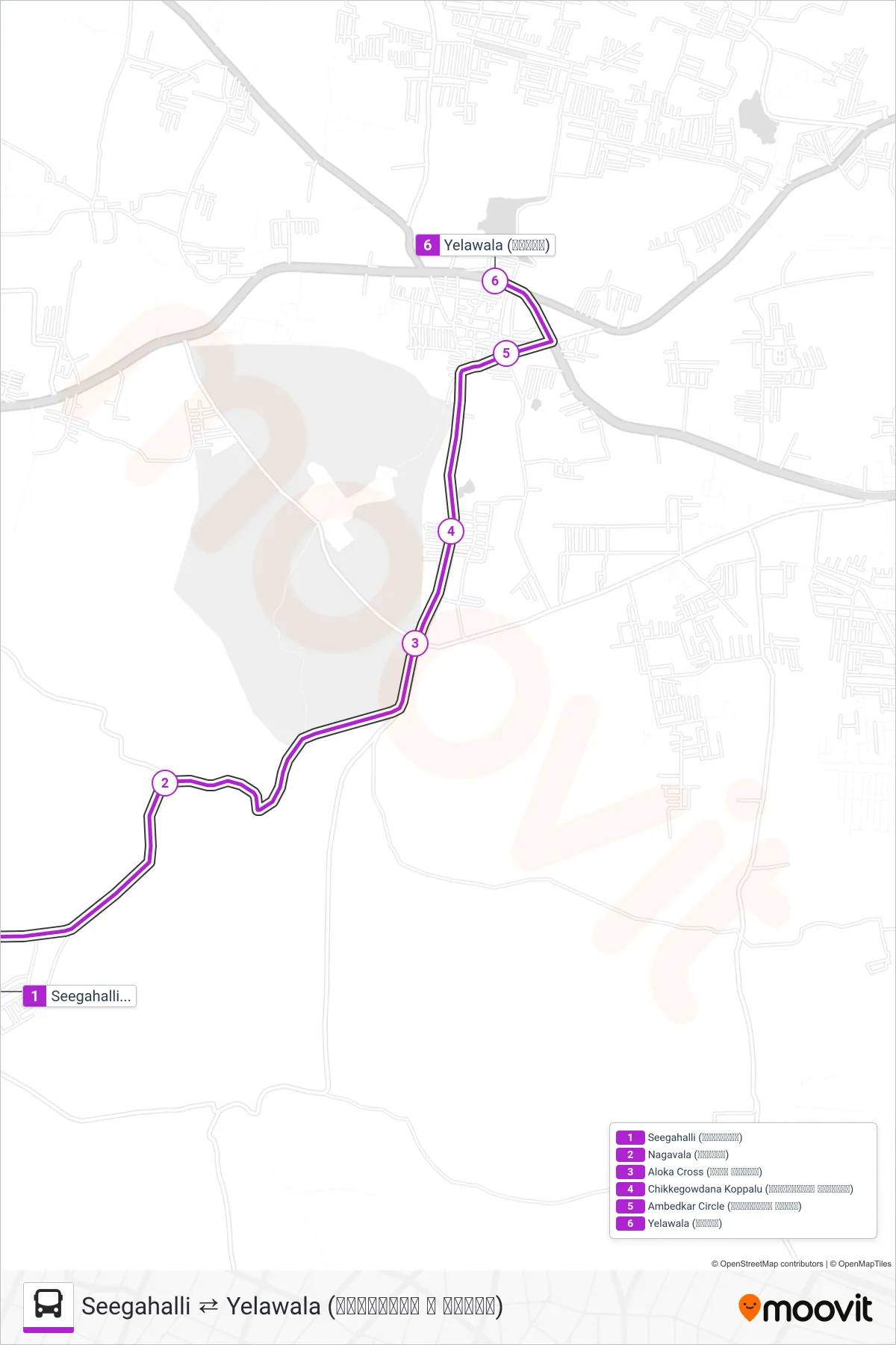 261A bus Line (→ Yelawala (ಇಲವಾಲ)) route and stops on a map