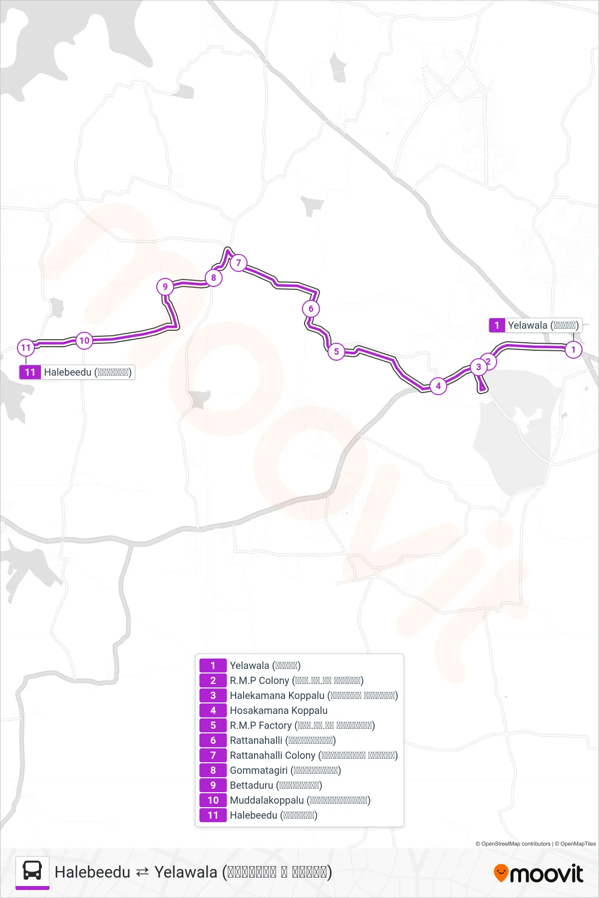 264A bus Line (→ Halebeedu (ಹಳೇಬೀಡು)) route and stops on a map