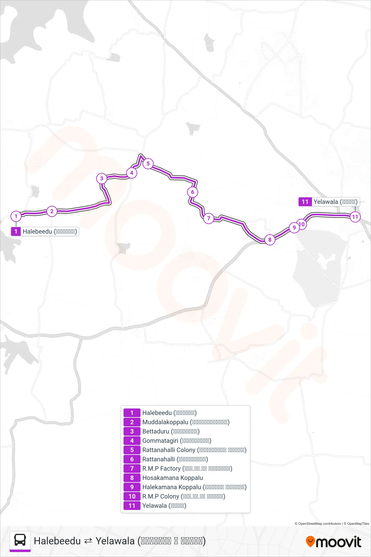 264A bus Line (→ Yelawala (ಇಲವಾಲ)) route and stops on a map