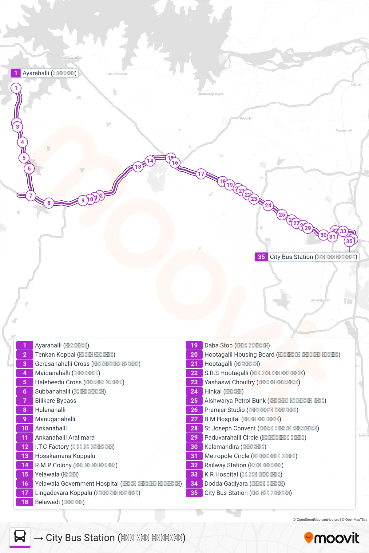 265B bus Line (→ City Bus Station (ನಗರ ಬಸ್ ನಿಲ್ದಾಣ)) route and stops on a map