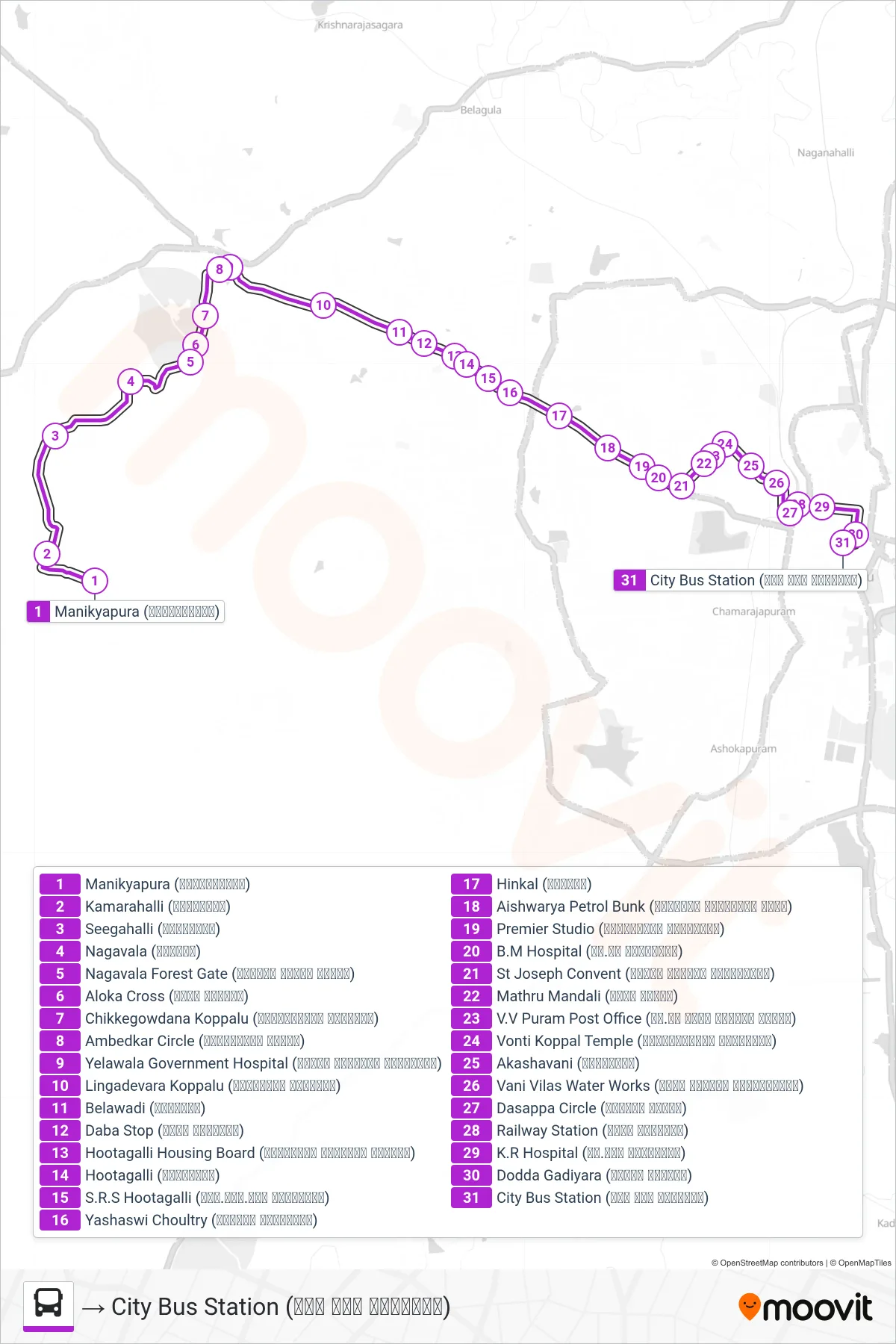 266M bus Line (→ City Bus Station (ನಗರ ಬಸ್ ನಿಲ್ದಾಣ)) route and stops on a map