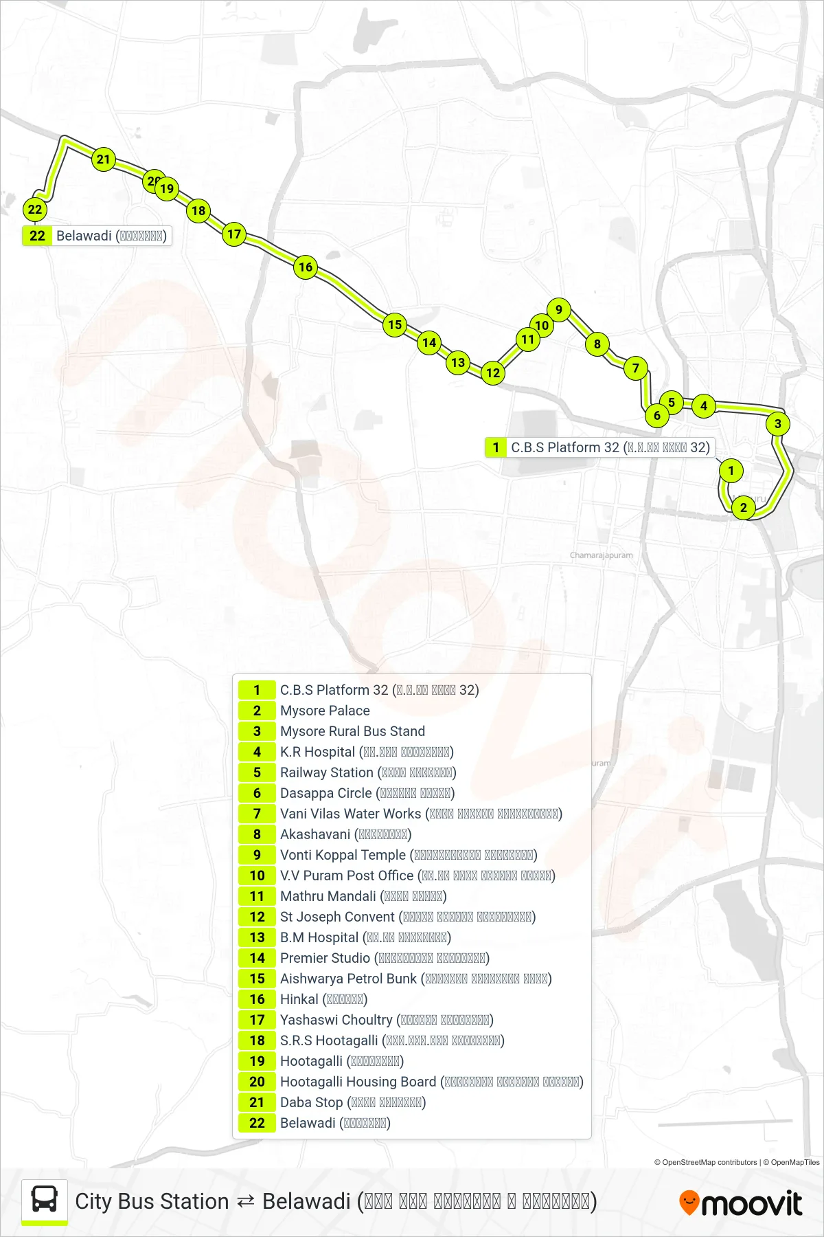 270B bus Line (→ Belawadi (ಬೆಳವಾಡಿ)) route and stops on a map