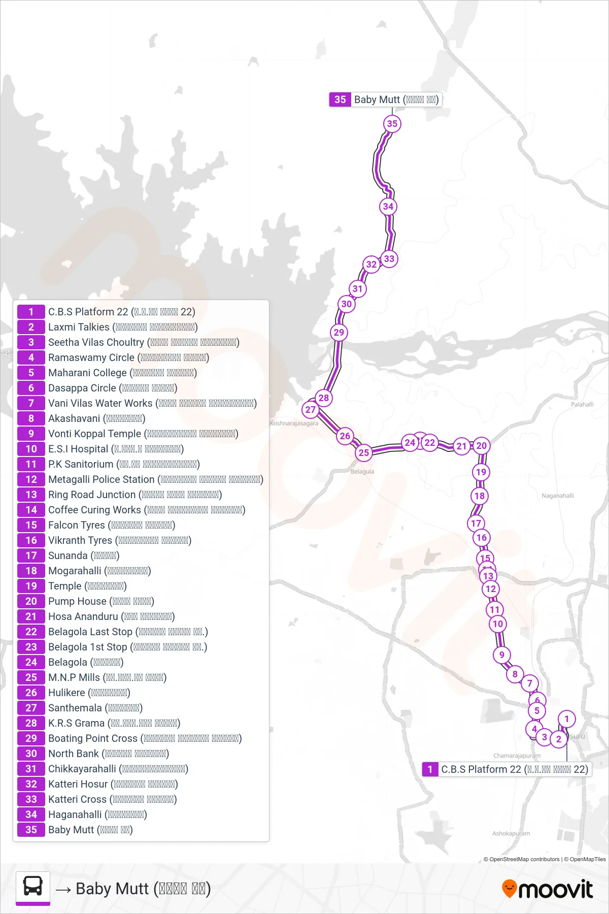 303E bus Line (→ Baby Mutt (ಬೇಬಿ ಮಠ)) route and stops on a map