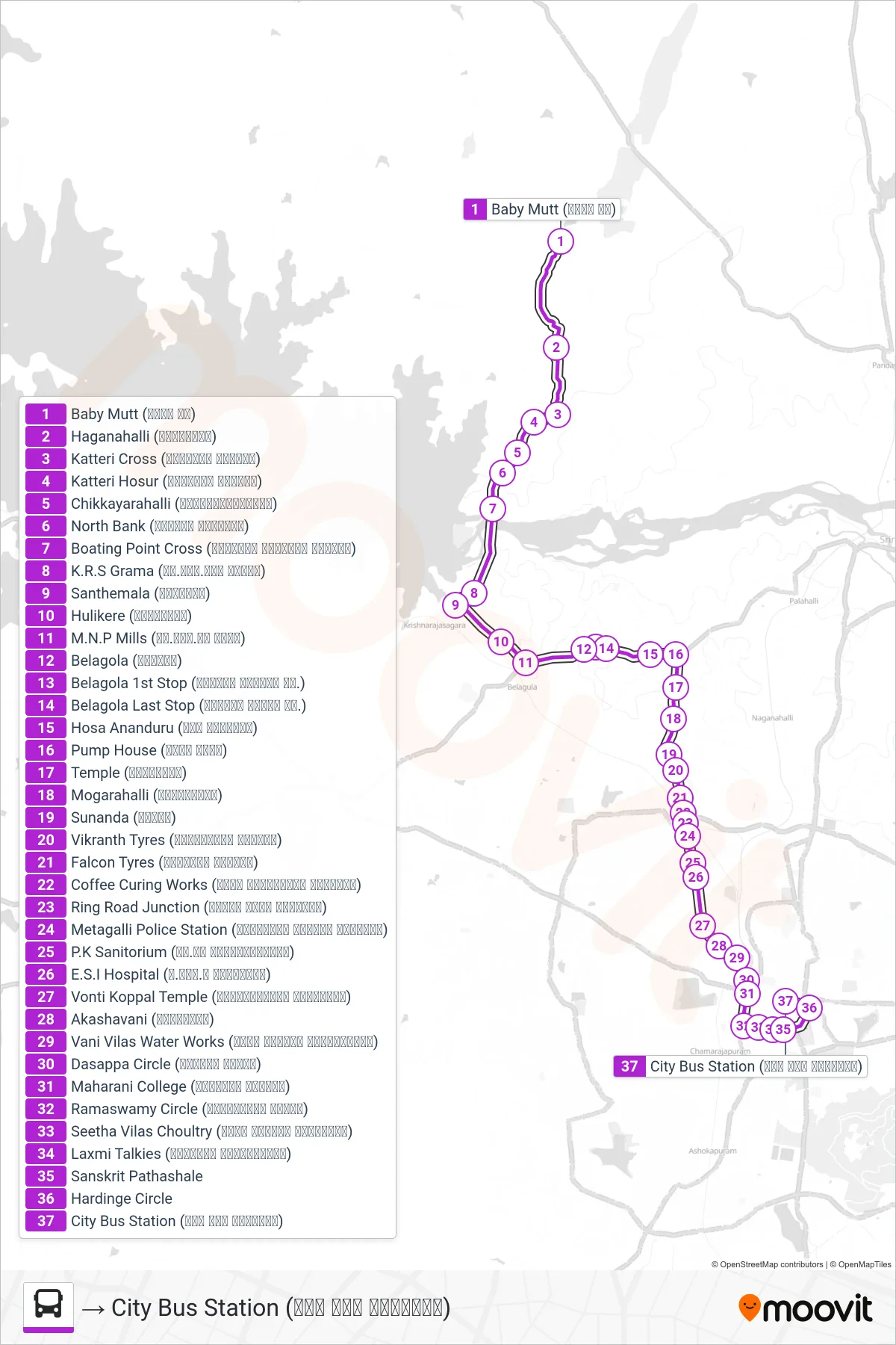 303E bus Line (→ City Bus Station (ನಗರ ಬಸ್ ನಿಲ್ದಾಣ)) route and stops on a map