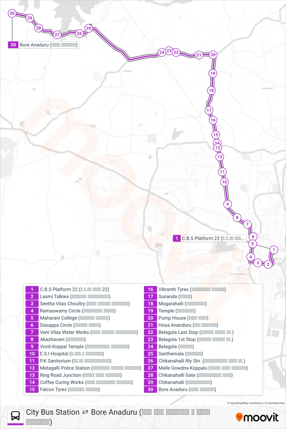 306A bus Line (→ Bore Anaduru (ಬೋರ್ ಆನಂದೂರು)) route and stops on a map