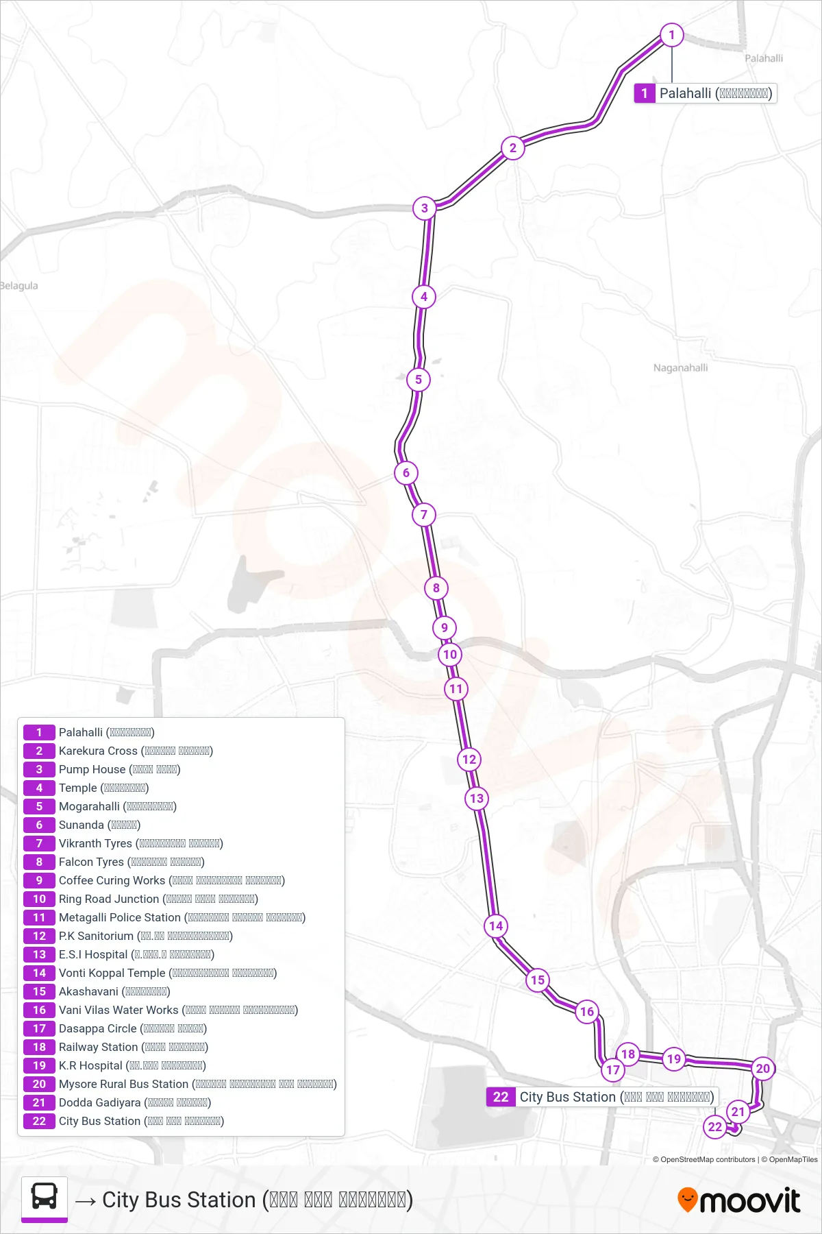 307P bus Line (→ City Bus Station (ನಗರ ಬಸ್ ನಿಲ್ದಾಣ)) route and stops on a map