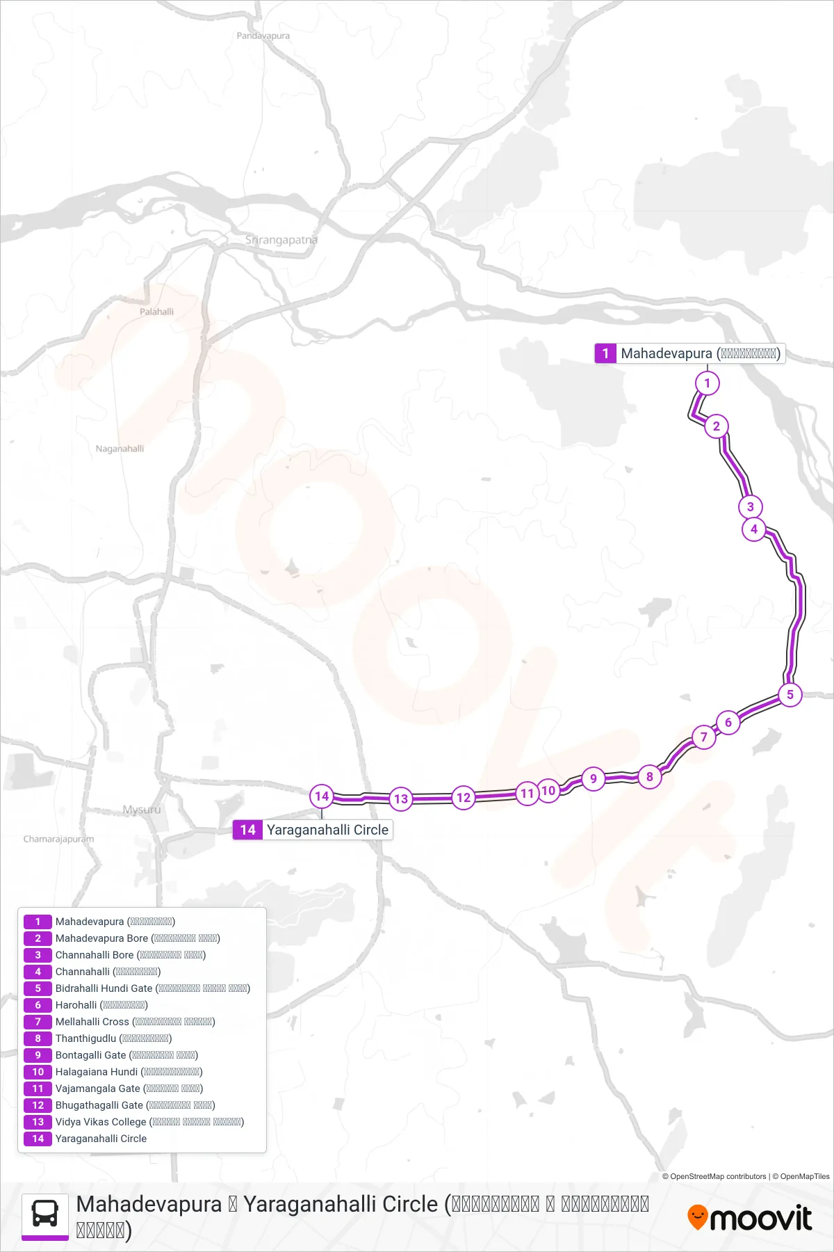 308A bus Line (➥ Yaraganahalli Circle (ಎರಗನಹಳ್ಳಿ ವೃತ್ತ)) route and stops on a map