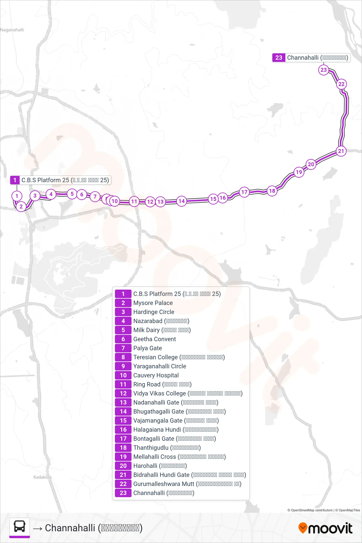 308C bus Line (→ Channahalli (ಚನ್ನಹಳ್ಳಿ)) route and stops on a map