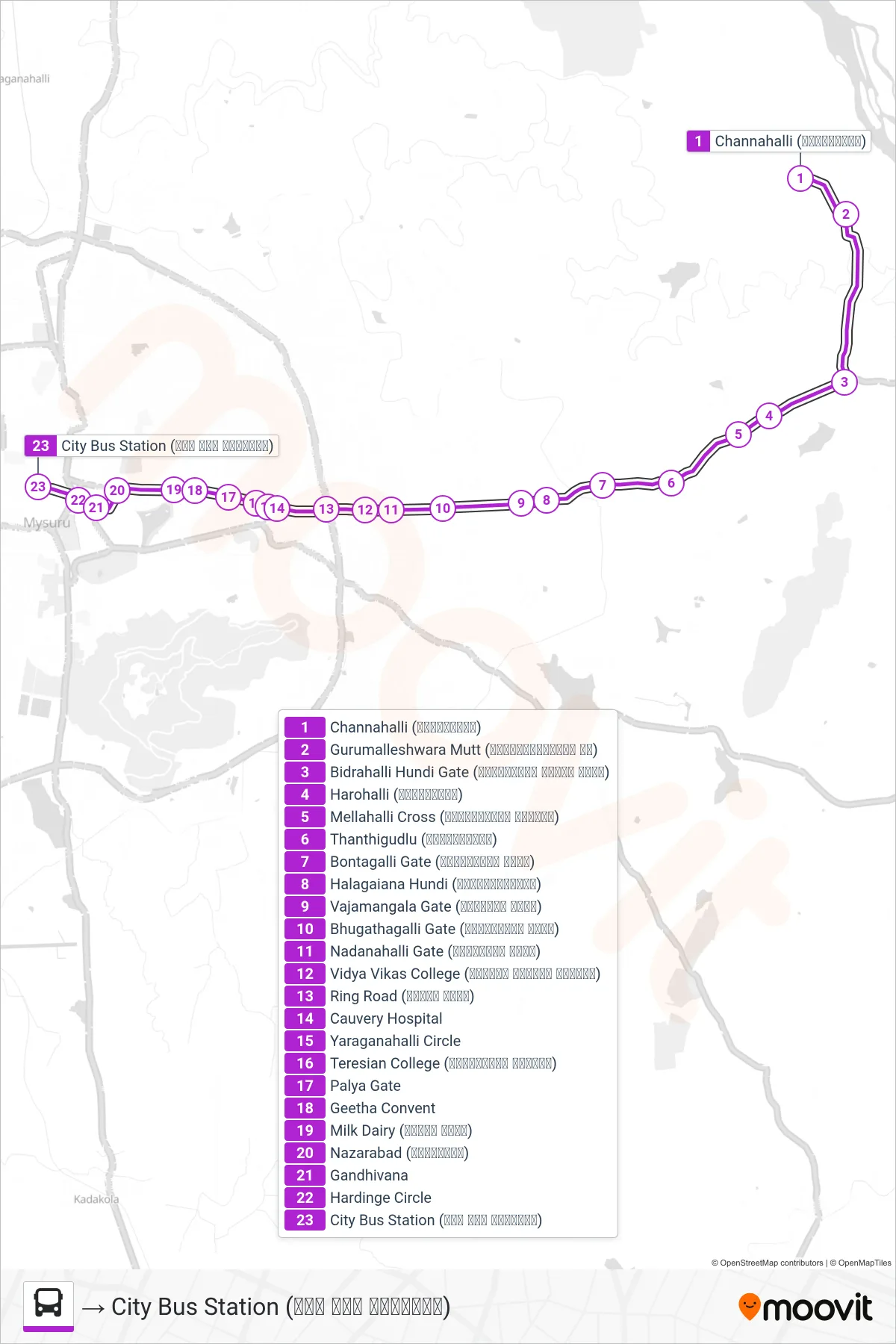 308C bus Line (→ City Bus Station (ನಗರ ಬಸ್ ನಿಲ್ದಾಣ)) route and stops on a map